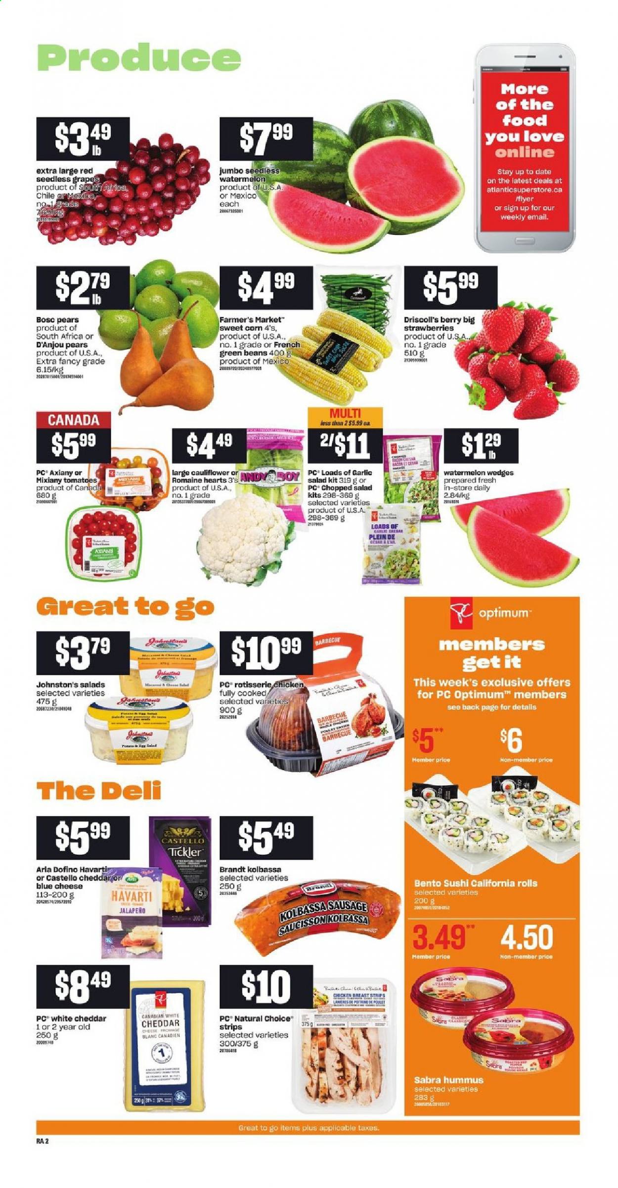 thumbnail - Atlantic Superstore Flyer - May 27, 2021 - June 02, 2021 - Sales products - beans, cauliflower, corn, garlic, green beans, tomatoes, salad, jalapeño, sweet corn, chopped salad, grapes, seedless grapes, strawberries, watermelon, pears, chicken roast, bacon, sausage, hummus, blue cheese, Havarti, cheddar, cheese, Arla, eggs, strips, Optimum. Page 3.