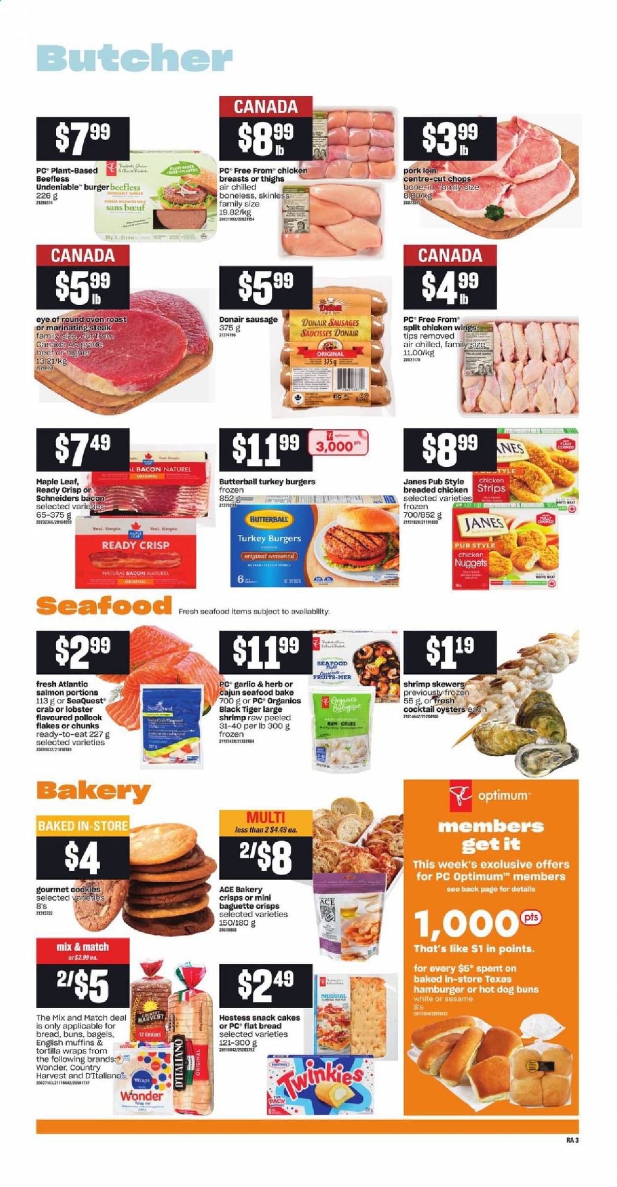 thumbnail - Atlantic Superstore Flyer - May 27, 2021 - June 02, 2021 - Sales products - bagels, english muffins, tortillas, cake, buns, ACE Bakery, wraps, lobster, salmon, pollock, oysters, seafood, crab, shrimps, nuggets, fried chicken, chicken nuggets, bacon, Butterball, sausage, Country Harvest, chicken wings, strips, chicken strips, cookies, snack, chicken, eye of round, turkey burger, pork loin, pork meat, Optimum, steak. Page 4.