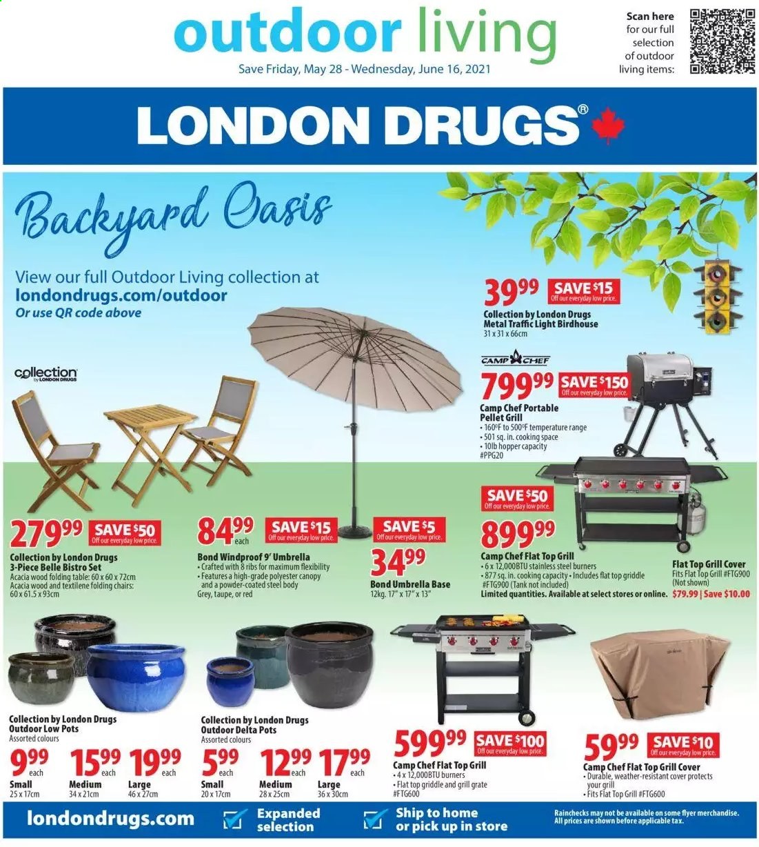 thumbnail - London Drugs Flyer - May 28, 2021 - June 16, 2021 - Sales products - pot, table, chair, folding table, umbrella, grill, pellet grill, tank. Page 1.