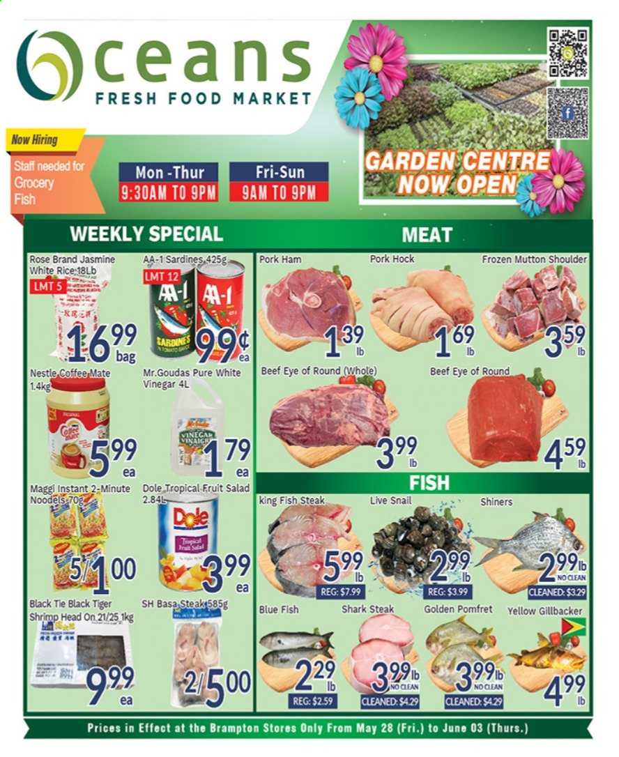 thumbnail - Oceans Flyer - May 28, 2021 - June 03, 2021 - Sales products - salad, Dole, sardines, fish, king fish, shrimps, fish steak, ham, Coffee-Mate, Maggi, fruit salad, rice, white rice, vinegar, rosé wine, beef meat, eye of round, pork hock, pork meat, mutton meat, Nestlé, steak. Page 1.
