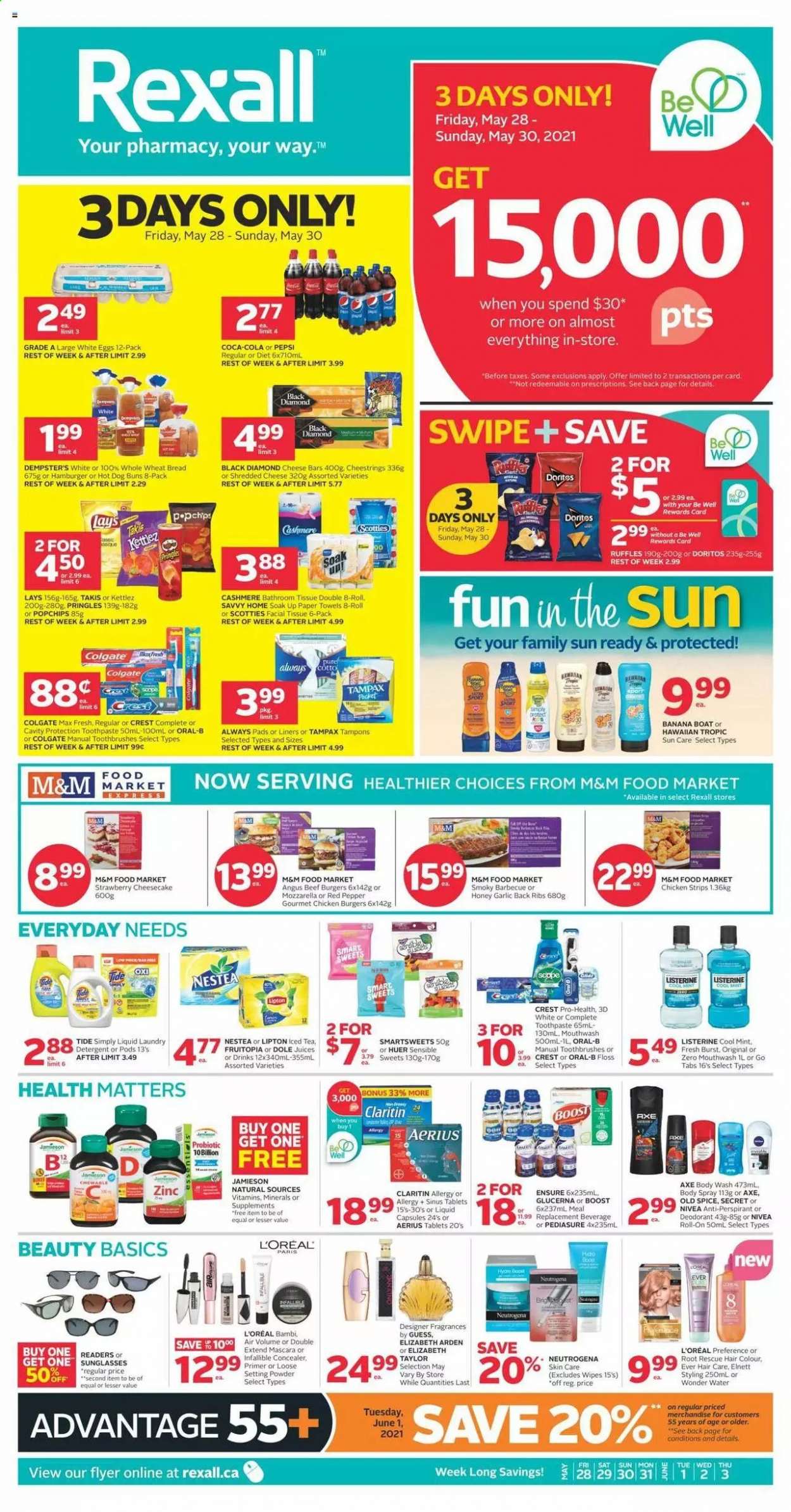 thumbnail - Rexall Flyer - May 28, 2021 - June 03, 2021 - Sales products - Doritos, Pringles, Lay’s, Ruffles, garlic, Dole, spice, Coca-Cola, Pepsi, juice, ice tea, Boost, wipes, bath tissue, kitchen towels, paper towels, Tide, laundry detergent, body wash, toothpaste, mouthwash, Crest, Always pads, sanitary pads, tampons, L’Oréal, hair color, body spray, anti-perspirant, roll-on, Guess, corrector, face powder, Glucerna, zinc, Listerine, mascara, Neutrogena, Tampax, Nivea, Old Spice, Oral-B, M&M's, deodorant. Page 1.