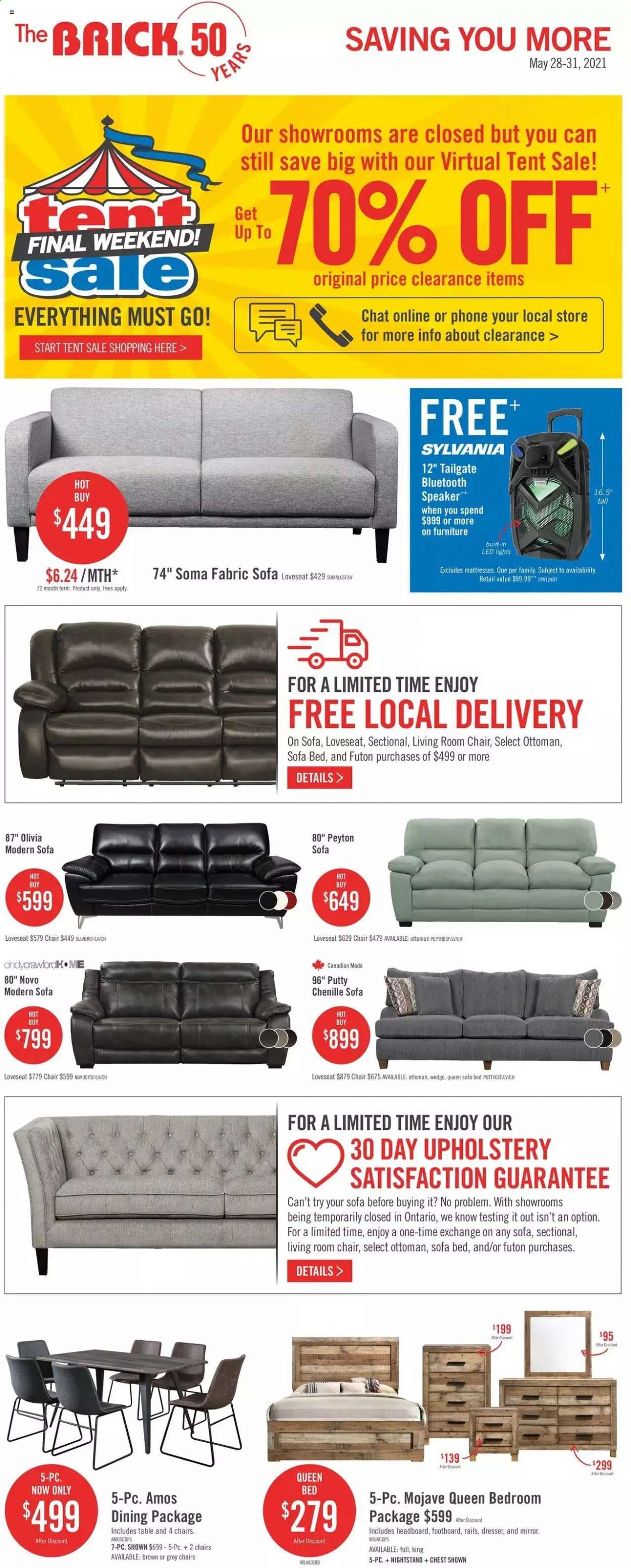 thumbnail - The Brick Flyer - May 28, 2021 - May 31, 2021 - Sales products - chair, loveseat, sofa, sofa bed, ottoman, bed, queen bed, headboard, mattress, dresser, nightstand, mirror, LED light. Page 1.