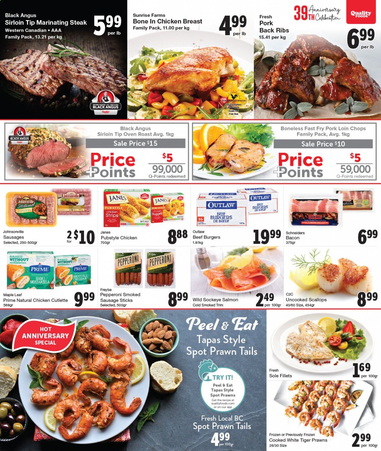 thumbnail - Quality Foods Flyer - May 31, 2021 - June 06, 2021 - Sales products - salmon, scallops, prawns, nuggets, hamburger, beef burger, ham, Johnsonville, sausage, smoked sausage, pepperoni, cheddar, cheese, strips, chicken breasts, chicken, pork chops, pork loin, pork meat, mozzarella, steak. Page 3.