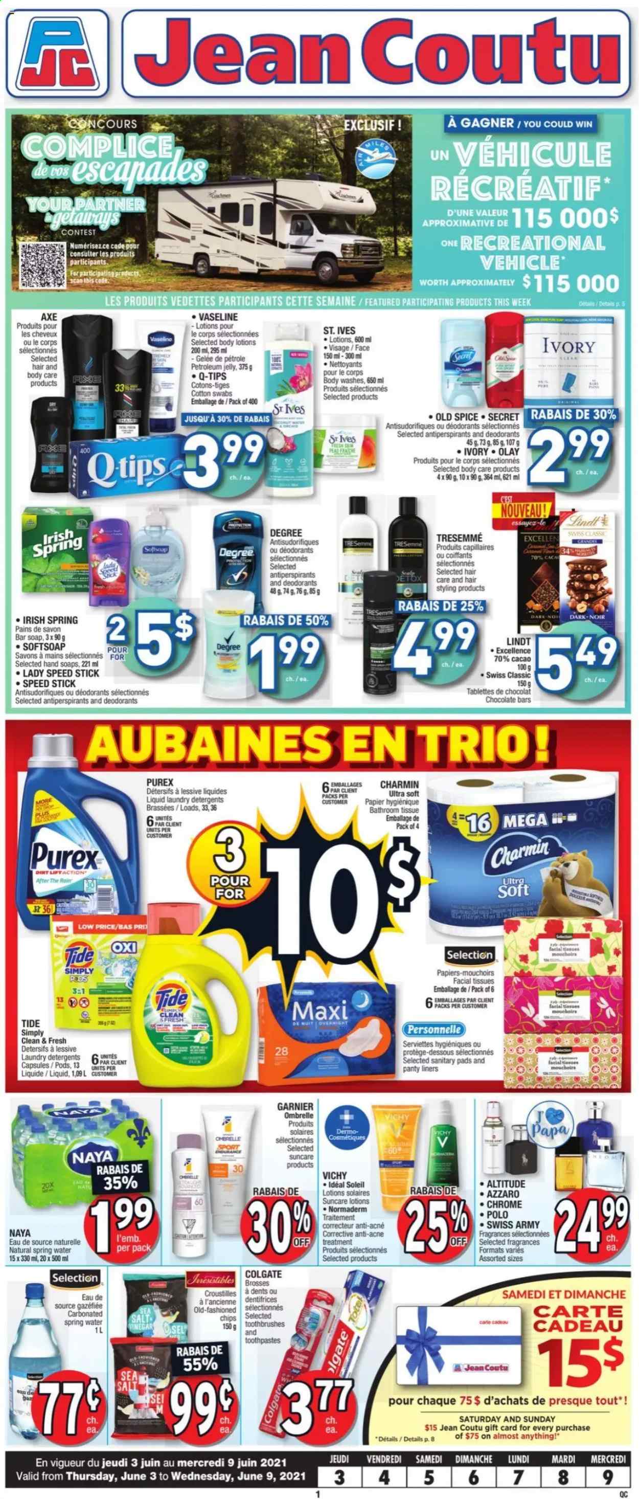 thumbnail - Jean Coutu Flyer - June 03, 2021 - June 09, 2021 - Sales products - chocolate bar, spice, spring water, petroleum jelly, bath tissue, Charmin, Tide, Purex, Softsoap, Vichy, Vaseline, soap bar, soap, sanitary pads, facial tissues, Olay, TRESemmé, Speed Stick, vehicle, Garnier, Old Spice, chips, deodorant. Page 1.