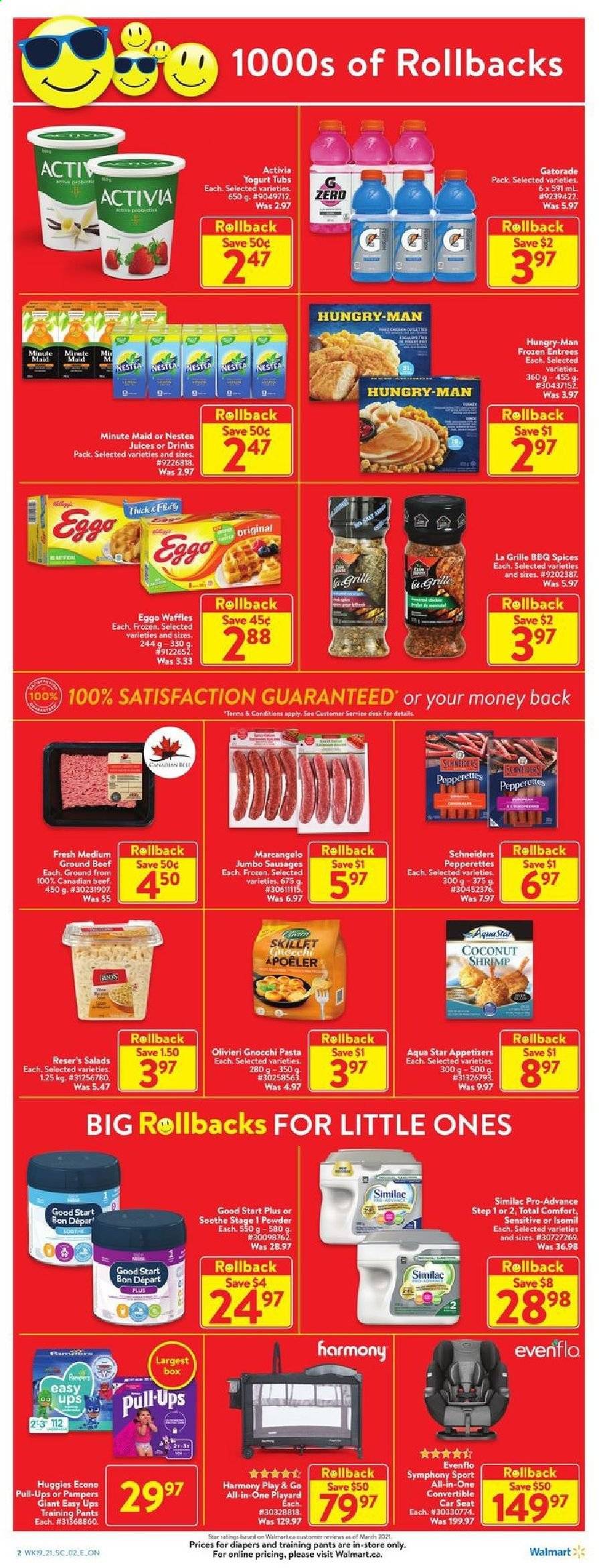 thumbnail - Walmart Flyer - June 03, 2021 - June 09, 2021 - Sales products - waffles, shrimps, pasta, sausage, yoghurt, Activia, juice, Gatorade, fruit punch, Similac, beef meat, ground beef, pants, nappies, baby pants, Pamper, baby car seat, gnocchi, Huggies, Pampers. Page 2.