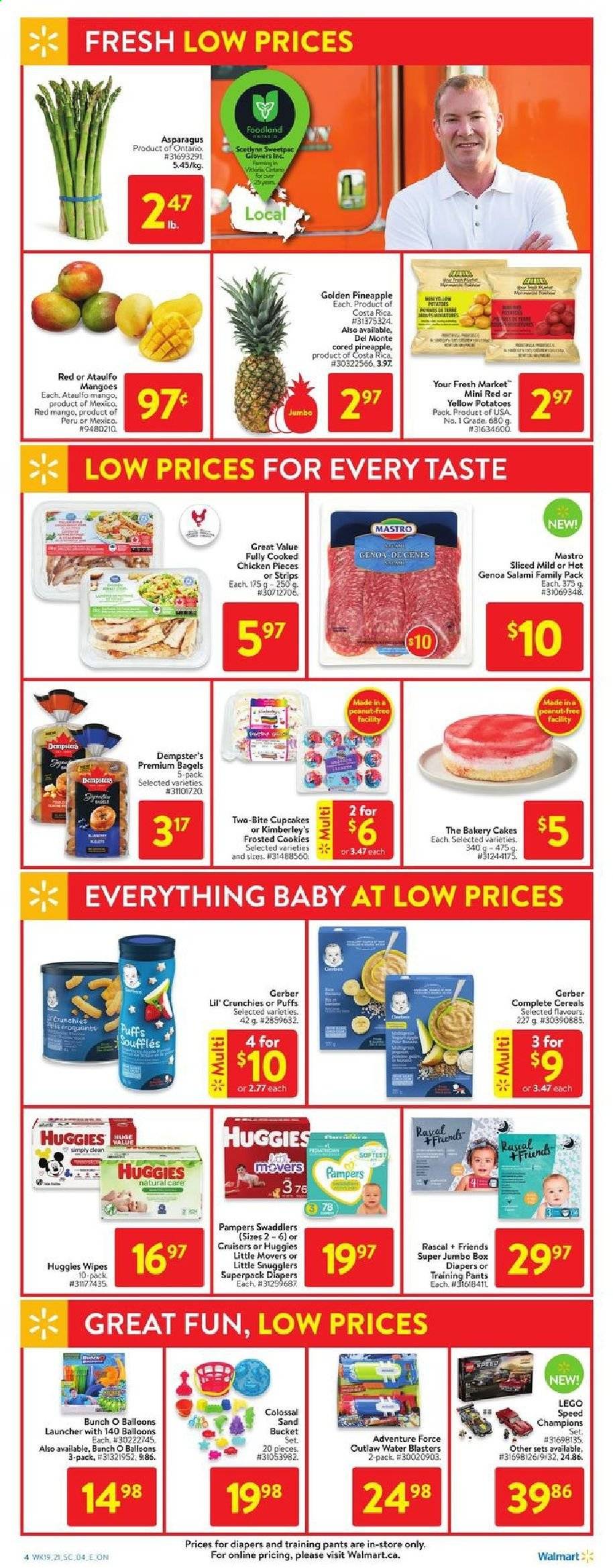 thumbnail - Walmart Flyer - June 03, 2021 - June 09, 2021 - Sales products - bagels, cake, cupcake, puffs, asparagus, potatoes, mango, pineapple, salami, strips, cookies, Gerber, Lil' Crunchies, cereals, wipes, pants, nappies, baby pants, balloons, LEGO, Huggies, Pampers. Page 4.