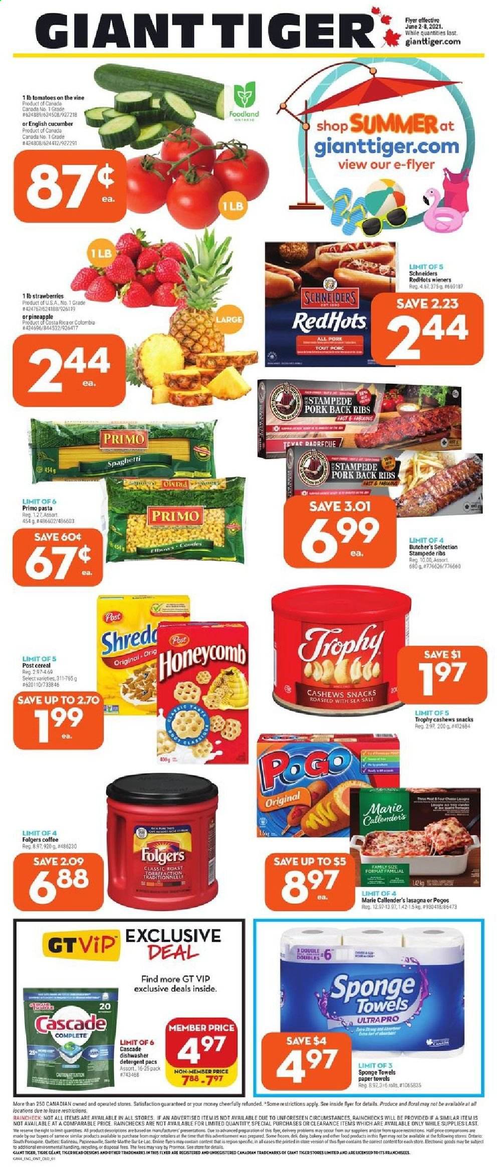 thumbnail - Giant Tiger Flyer - June 02, 2021 - June 08, 2021 - Sales products - tomatoes, strawberries, spaghetti, pasta, lasagna meal, Marie Callender's, snack, salt, cereals, cashews, coffee, Folgers, pork meat, pork ribs, pork back ribs, kitchen towels, paper towels, Cascade, sponge, trophy cup. Page 1.