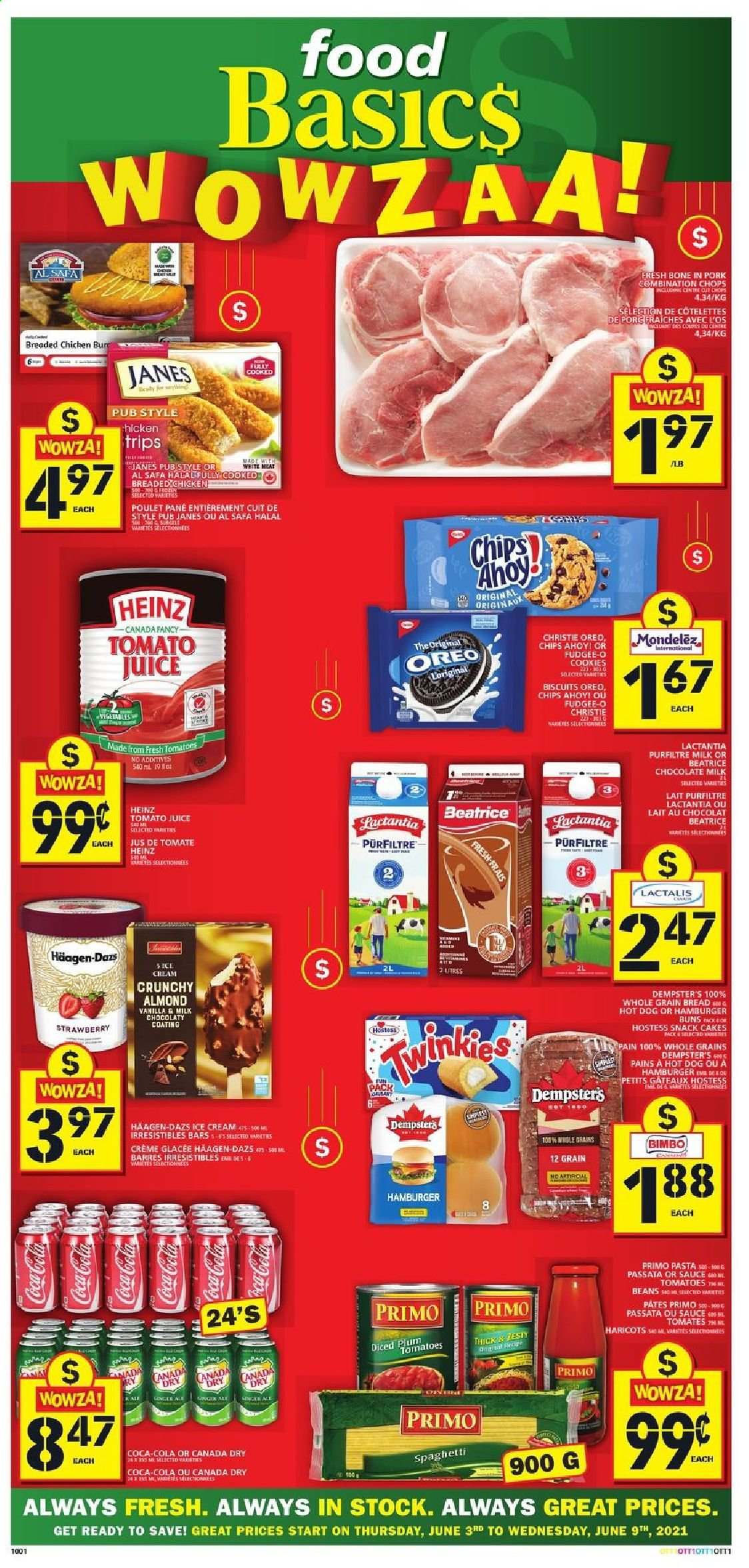 thumbnail - Food Basics Flyer - June 03, 2021 - June 09, 2021 - Sales products - bread, cake, buns, burger buns, beans, ginger, spaghetti, hot dog, pasta, fried chicken, Oreo, milk, ice cream, Häagen-Dazs, cookies, milk chocolate, snack, biscuit, Heinz, Canada Dry, Coca-Cola, tomato juice, juice, chips. Page 1.