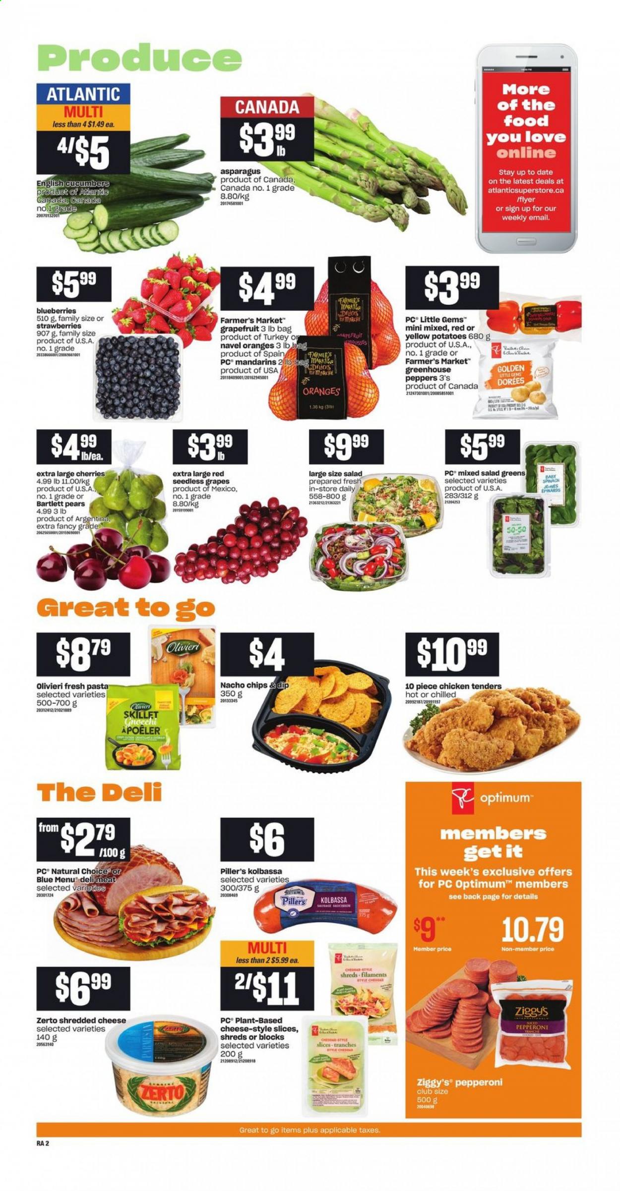 thumbnail - Atlantic Superstore Flyer - June 03, 2021 - June 09, 2021 - Sales products - asparagus, cucumber, spinach, potatoes, salad, salad greens, peppers, Bartlett pears, blueberries, grapefruits, grapes, mandarines, seedless grapes, strawberries, cherries, pears, navel oranges, pepperoni, shredded cheese, parmesan, dip, chicken tenders, Optimum, chips. Page 3.