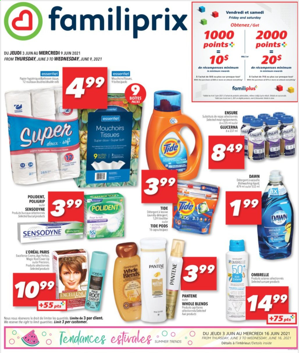 thumbnail - Familiprix Flyer - June 03, 2021 - June 09, 2021 - Sales products - tissues, Tide, dishwashing liquid, Polident, L’Oréal, Glucerna, Pantene, Sensodyne. Page 1.