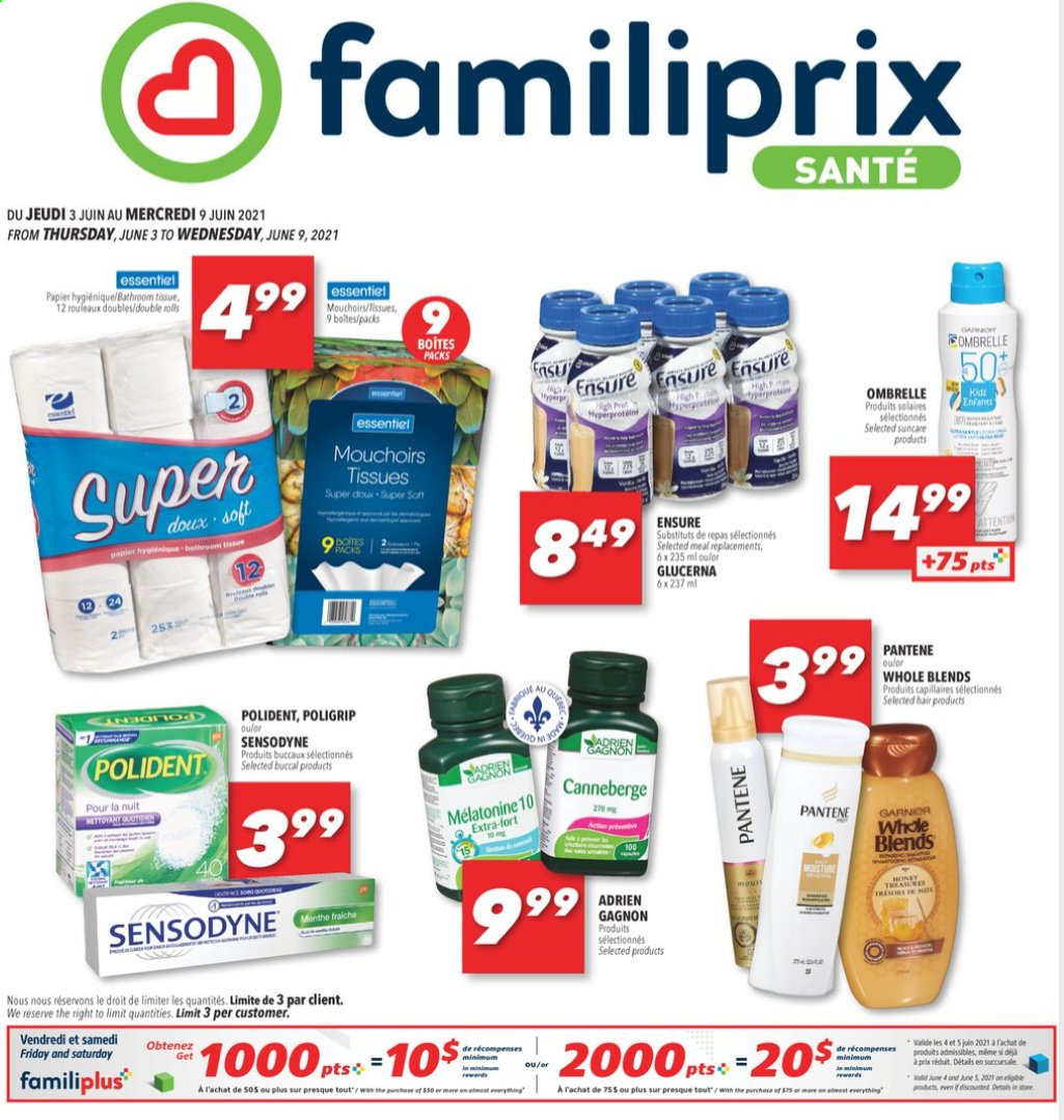 thumbnail - Familiprix Santé Flyer - June 03, 2021 - June 09, 2021 - Sales products - bath tissue, Polident, Glucerna, Pantene, Sensodyne. Page 1.
