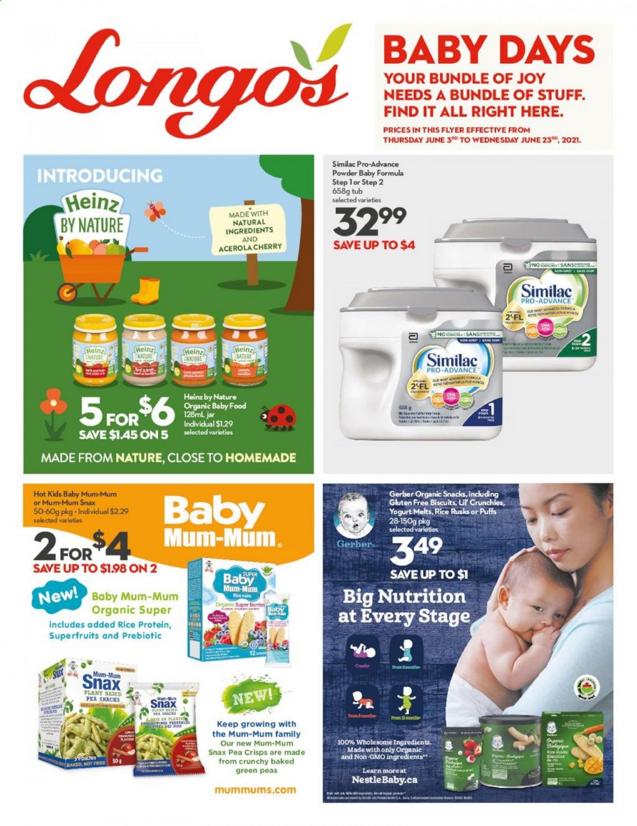 thumbnail - Longo's Flyer - June 03, 2021 - June 23, 2021 - Sales products - puffs, rusks, cherries, yoghurt, snack, biscuit, Gerber, Heinz, L'Or, Similac, organic baby food, Joy, Mum, Nature Made. Page 1.