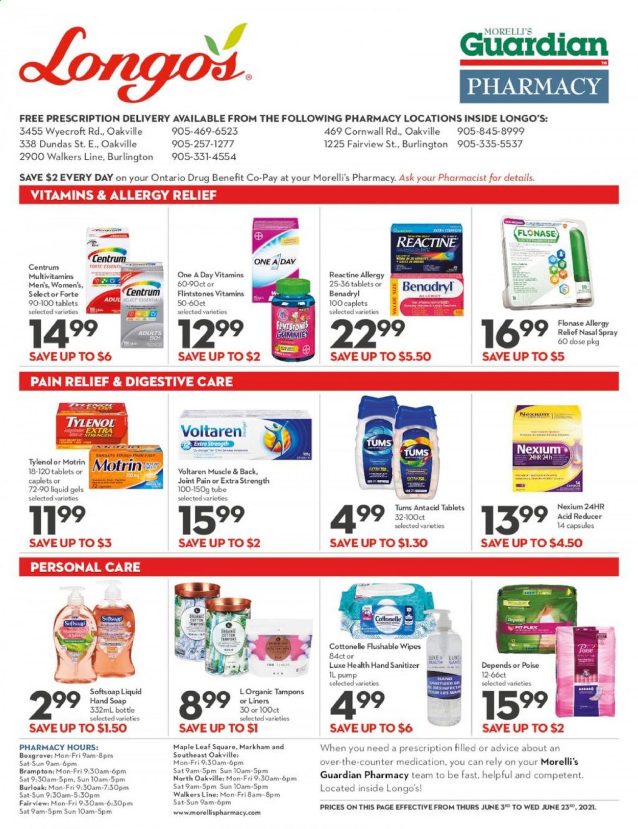 thumbnail - Longo's Flyer - June 03, 2021 - June 23, 2021 - Sales products - wipes, Cottonelle, Softsoap, hand soap, soap, tampons, hand sanitizer, pain relief, multivitamin, Tylenol, Nexium, Antacid, Centrum, nasal spray, allergy relief, Motrin. Page 1.