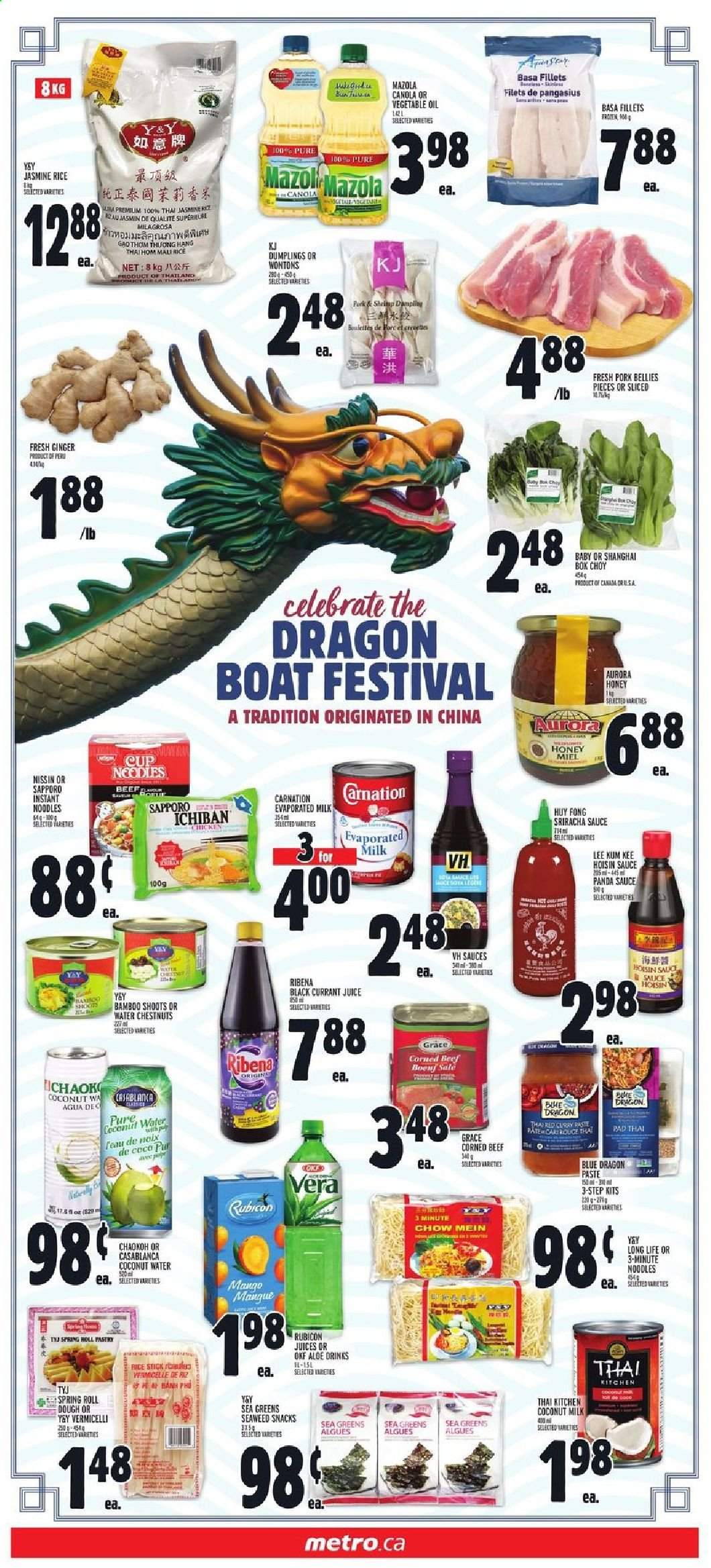 thumbnail - Metro Flyer - June 03, 2021 - June 09, 2021 - Sales products - bok choy, ginger, pangasius, shrimps, instant noodles, dumplings, noodles cup, noodles, Nissin, red curry, corned beef, evaporated milk, wafers, snack, bamboo shoot, coconut milk, water chestnuts, rice, jasmine rice, curry paste, sriracha, hoisin sauce, Lee Kum Kee, oil, honey, juice, coconut water, beef meat, pork belly. Page 9.