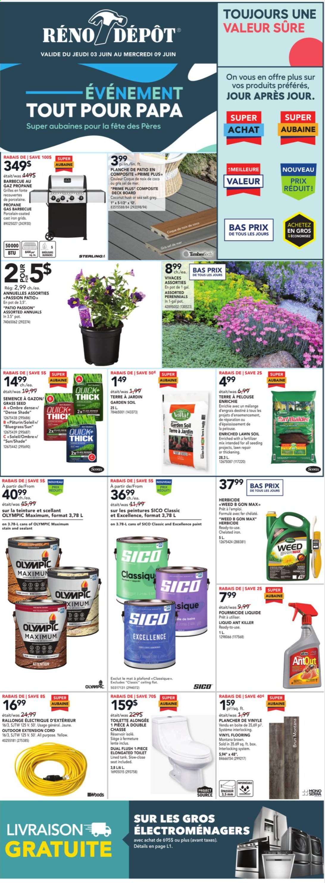 thumbnail - Réno-Dépôt Flyer - June 03, 2021 - June 09, 2021 - Sales products - toilet, paint, vinyl, extension cord, pot, plant seeds, fertilizer, turf builder, garden soil, grass seed, tank. Page 1.