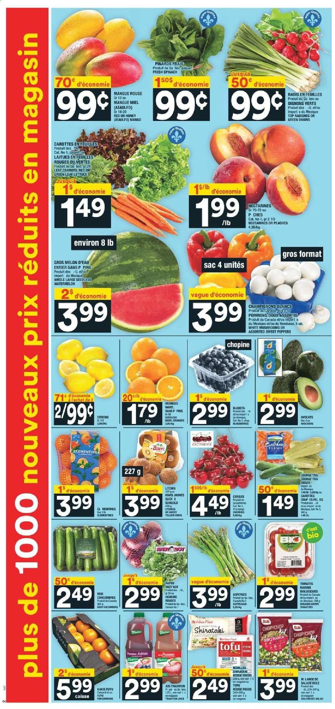 thumbnail - Super C Flyer - June 03, 2021 - June 09, 2021 - Sales products - mushrooms, asparagus, cucumber, radishes, spinach, sweet peppers, tomatoes, lettuce, salad, Dole, peppers, green onion, avocado, clementines, mango, nectarines, watermelon, persimmons, melons, lemons, peaches, tofu, dried fruit, juice, kiwi, raisins. Page 3.