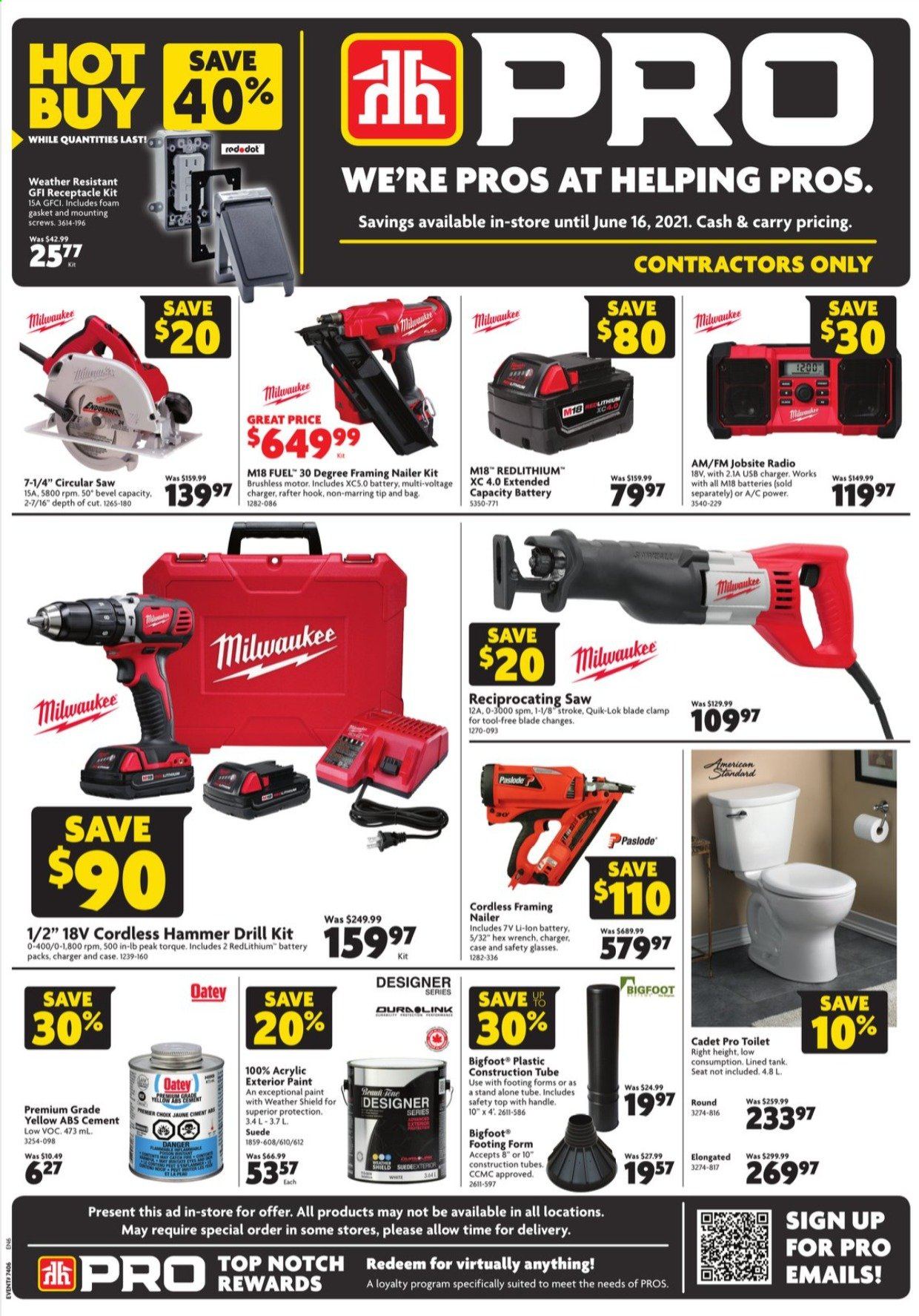 thumbnail - Home Hardware Flyer - June 03, 2021 - June 16, 2021 - Sales products - toilet, paint, Milwaukee, circular saw, saw, reciprocating saw, radio, tank. Page 1.