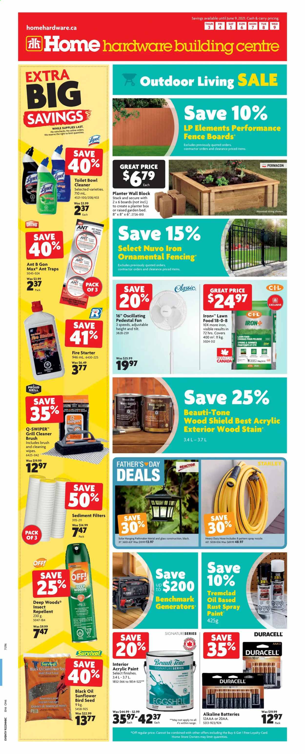 thumbnail - Home Hardware Building Centre Flyer - June 03, 2021 - June 09, 2021 - Sales products - cleansing wipes, wipes, cleaner, Lysol, toilet bowl, repellent, stand fan, toilet, spray paint, paint, grill, grill cleaner, plant seeds, garden bed, planter box, starter. Page 1.