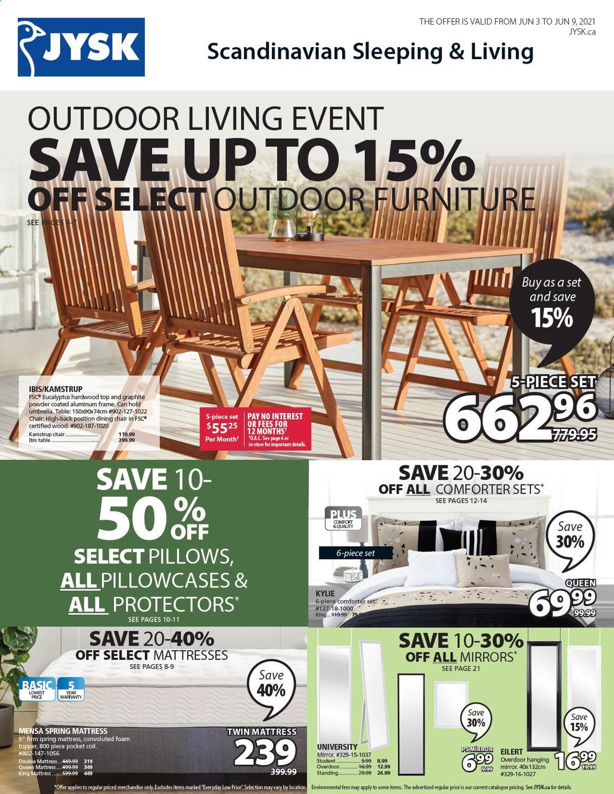 thumbnail - JYSK Flyer - June 03, 2021 - June 09, 2021 - Sales products - chair pad, comforter, topper, pillow, pillowcase, table, chair, dining chair, mattress, mirror, umbrella. Page 1.