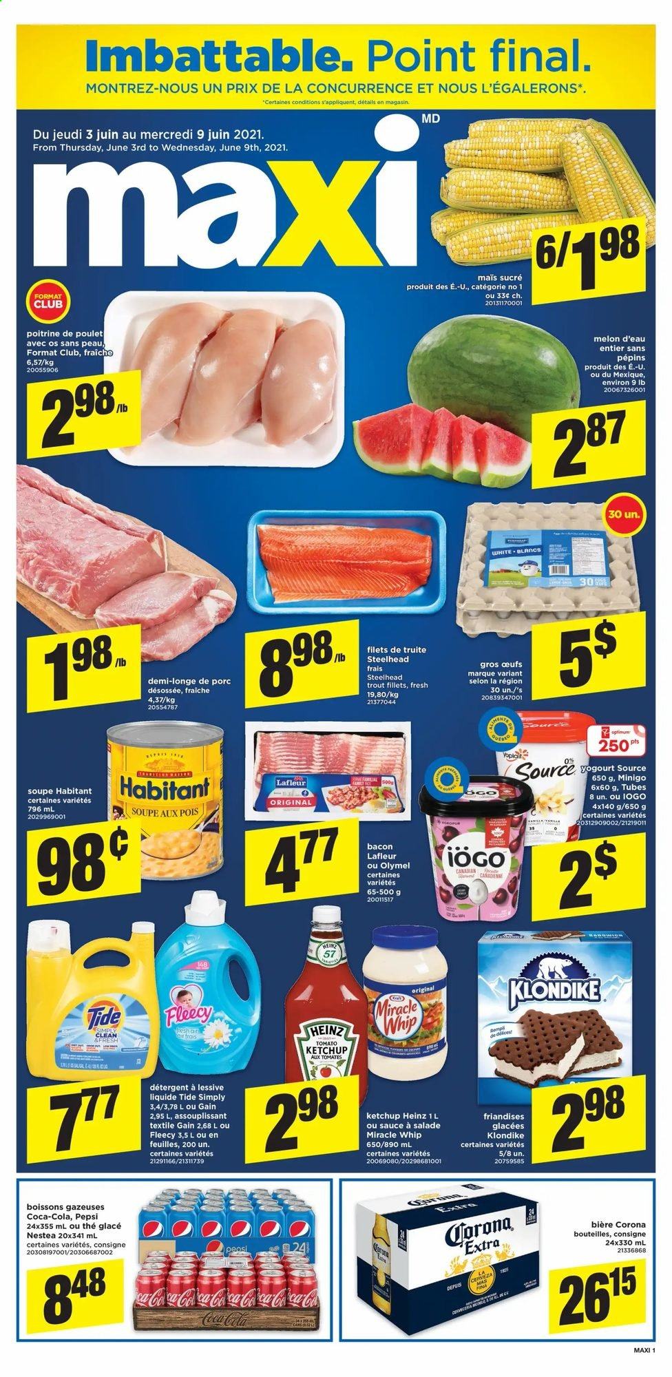 thumbnail - Maxi Flyer - June 03, 2021 - June 09, 2021 - Sales products - melons, trout, sauce, bacon, Miracle Whip, Heinz, Coca-Cola, Pepsi, beer, Corona Extra, Gain, Tide. Page 1.