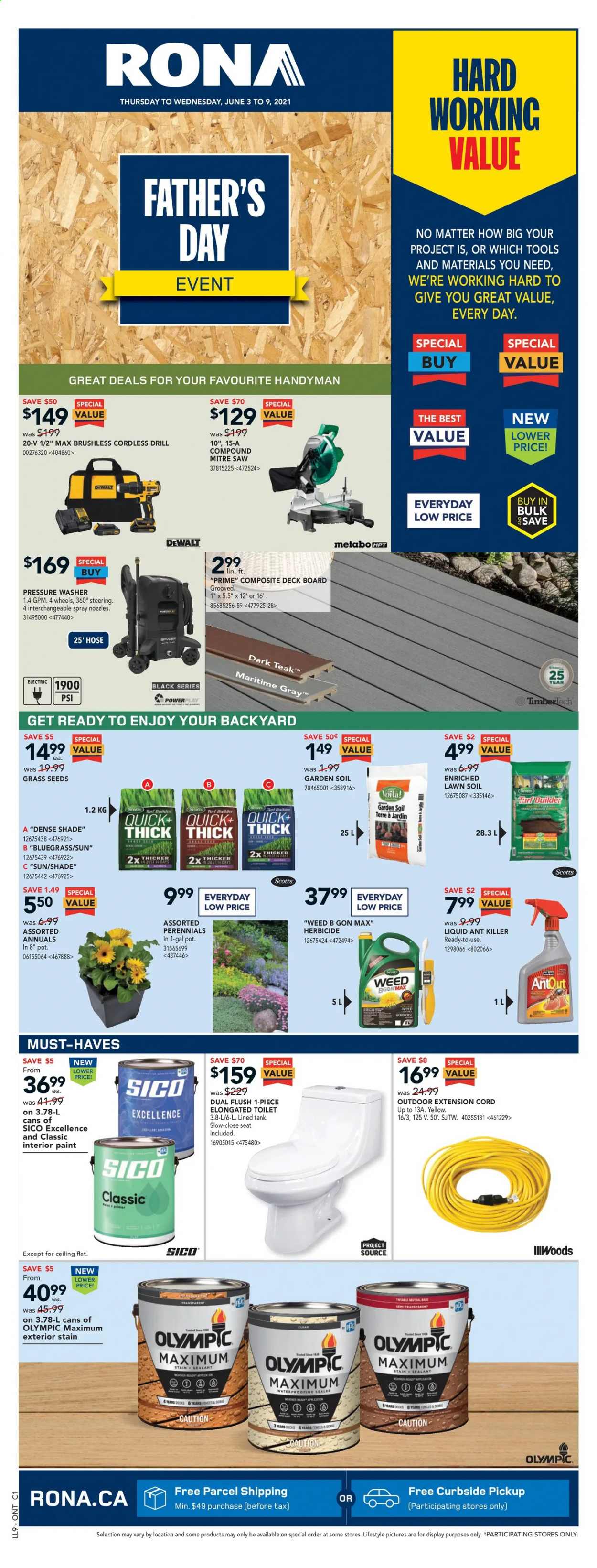 thumbnail - RONA Flyer - June 03, 2021 - June 09, 2021 - Sales products - toilet, paint, DeWALT, drill, saw, extension cord, pressure washer, pot, turf builder, garden soil, tank. Page 1.