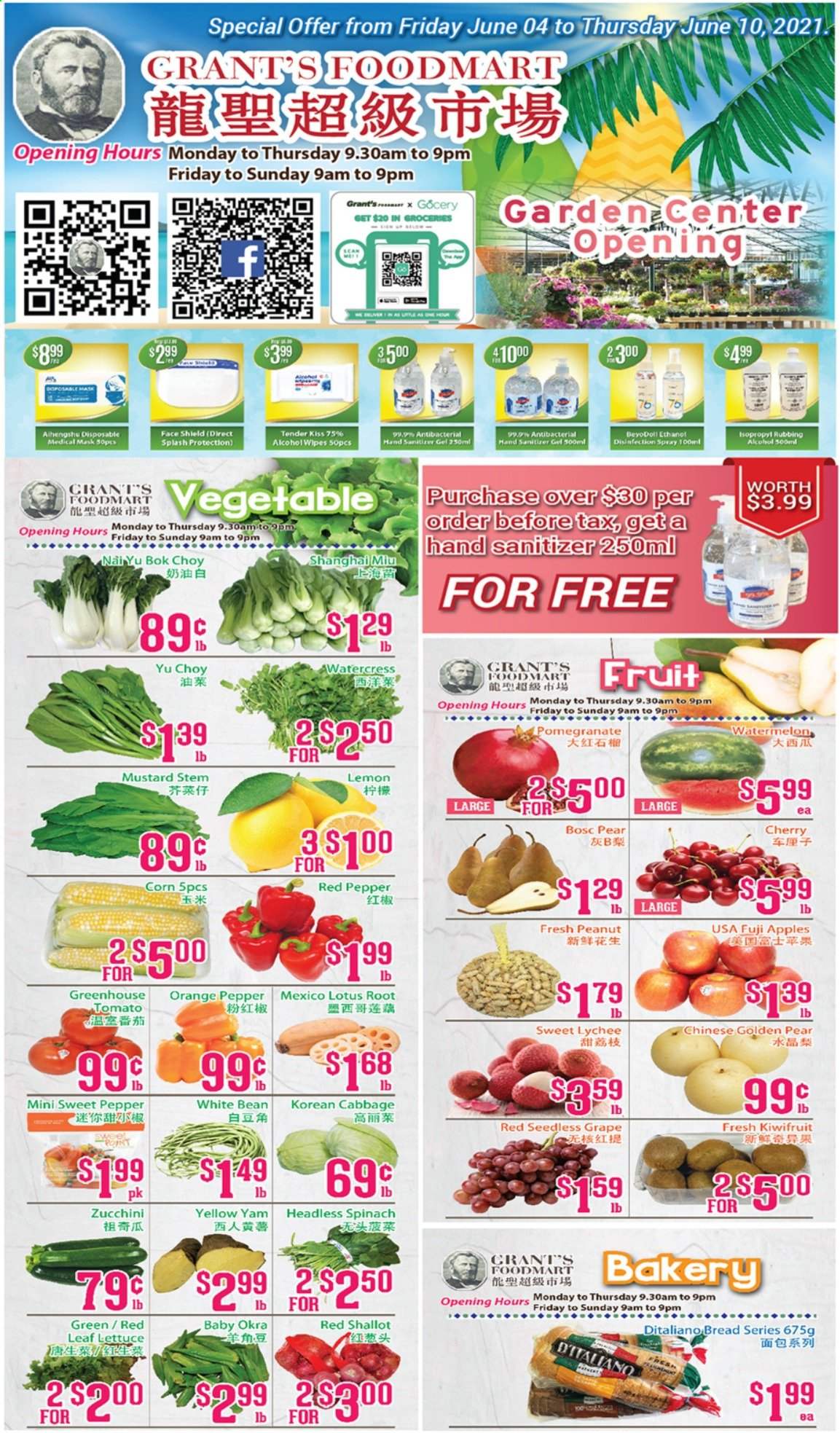 thumbnail - Grant's Foodmart Flyer - June 04, 2021 - June 10, 2021 - Sales products - bread, bok choy, cabbage, corn, spinach, zucchini, okra, apples, lychee, watermelon, cherries, pears, Fuji apple, pomegranate, mustard, Grant's, Lotus, hand sanitizer, kiwi. Page 1.