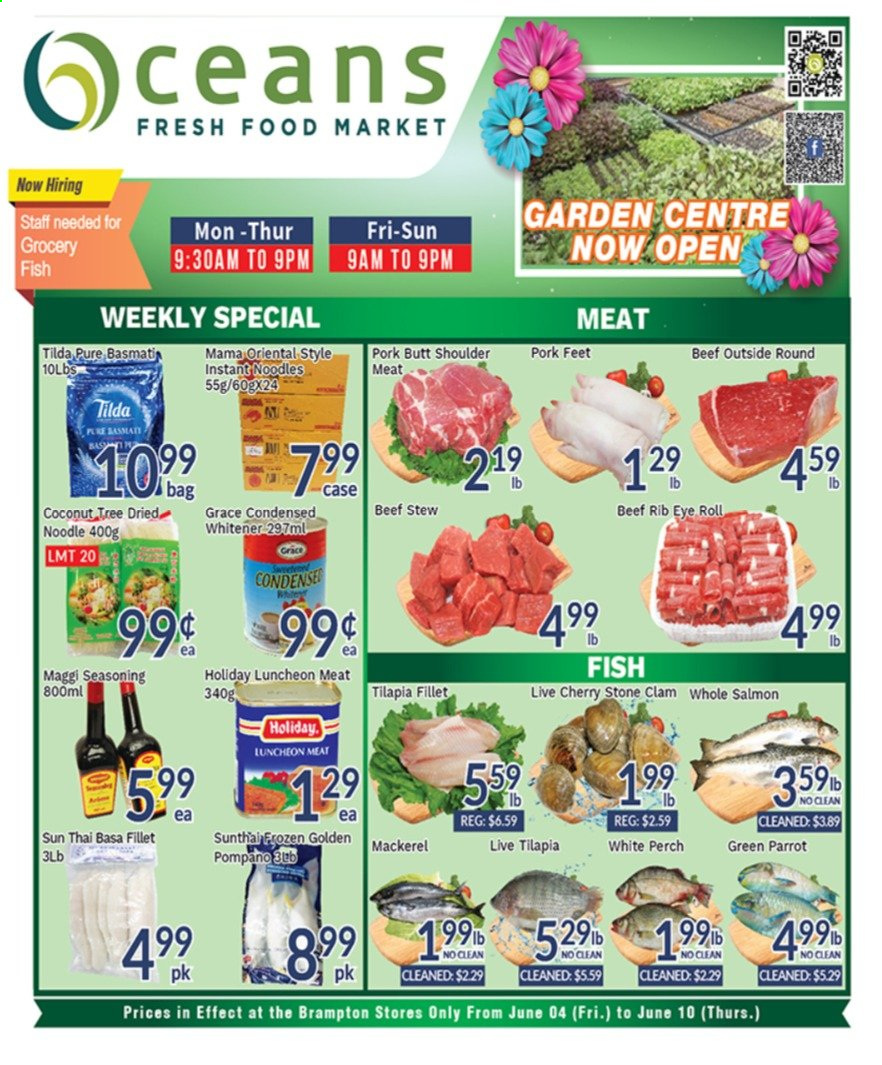 thumbnail - Oceans Flyer - June 04, 2021 - June 10, 2021 - Sales products - cherries, coconut, clams, mackerel, salmon, tilapia, perch, pompano, fish, instant noodles, noodles, lunch meat, Maggi, spice, beef meat, pork meat. Page 1.