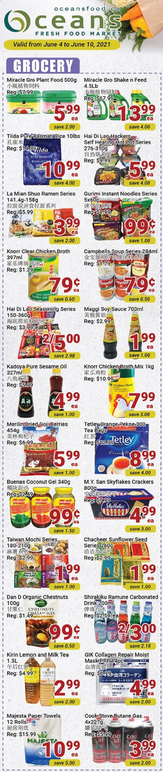 thumbnail - Oceans Flyer - June 04, 2021 - June 10, 2021 - Sales products - coconut, ramen, soup, instant noodles, sauce, noodles, shake, crackers, Skyflakes, chicken broth, Maggi, broth, basmati rice, rice, spice, soy sauce, sesame oil, oil, chestnuts, goji, tea bags, kitchen towels, paper towels, Knorr. Page 1.