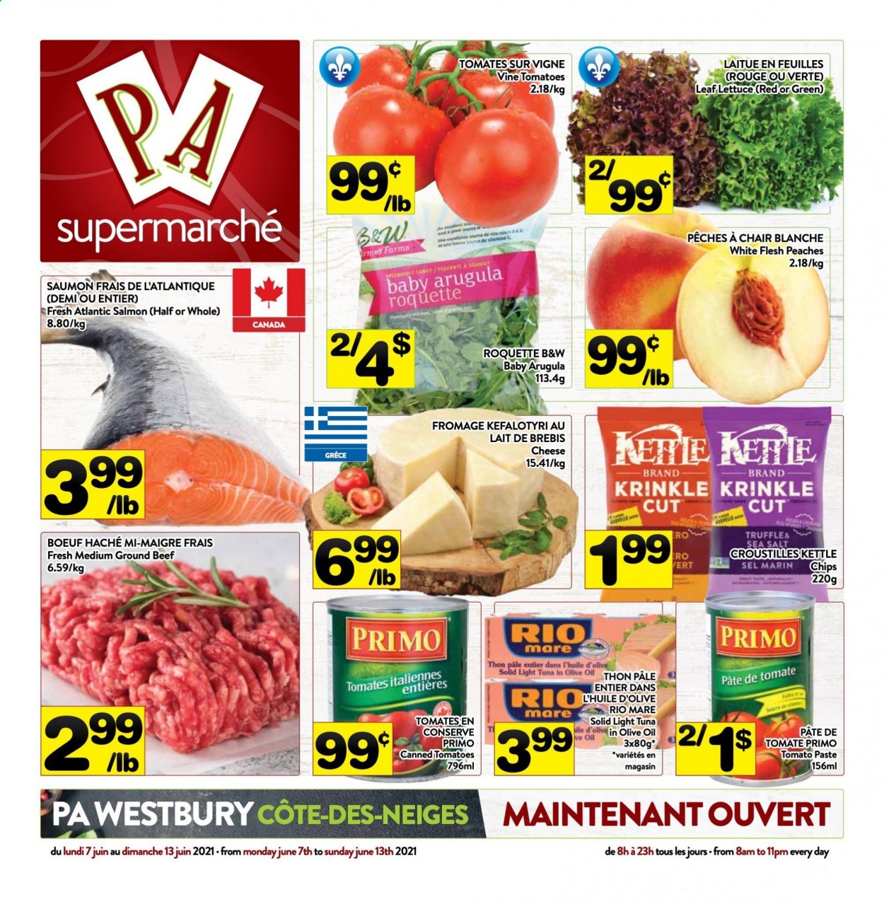 thumbnail - Circulaire PA Supermarché - 07 Juin 2021 - 13 Juin 2021 - Produits soldés - tomates, pêche, saumon, thon, fromage, chips, huile d'olive, sel. Page 1.