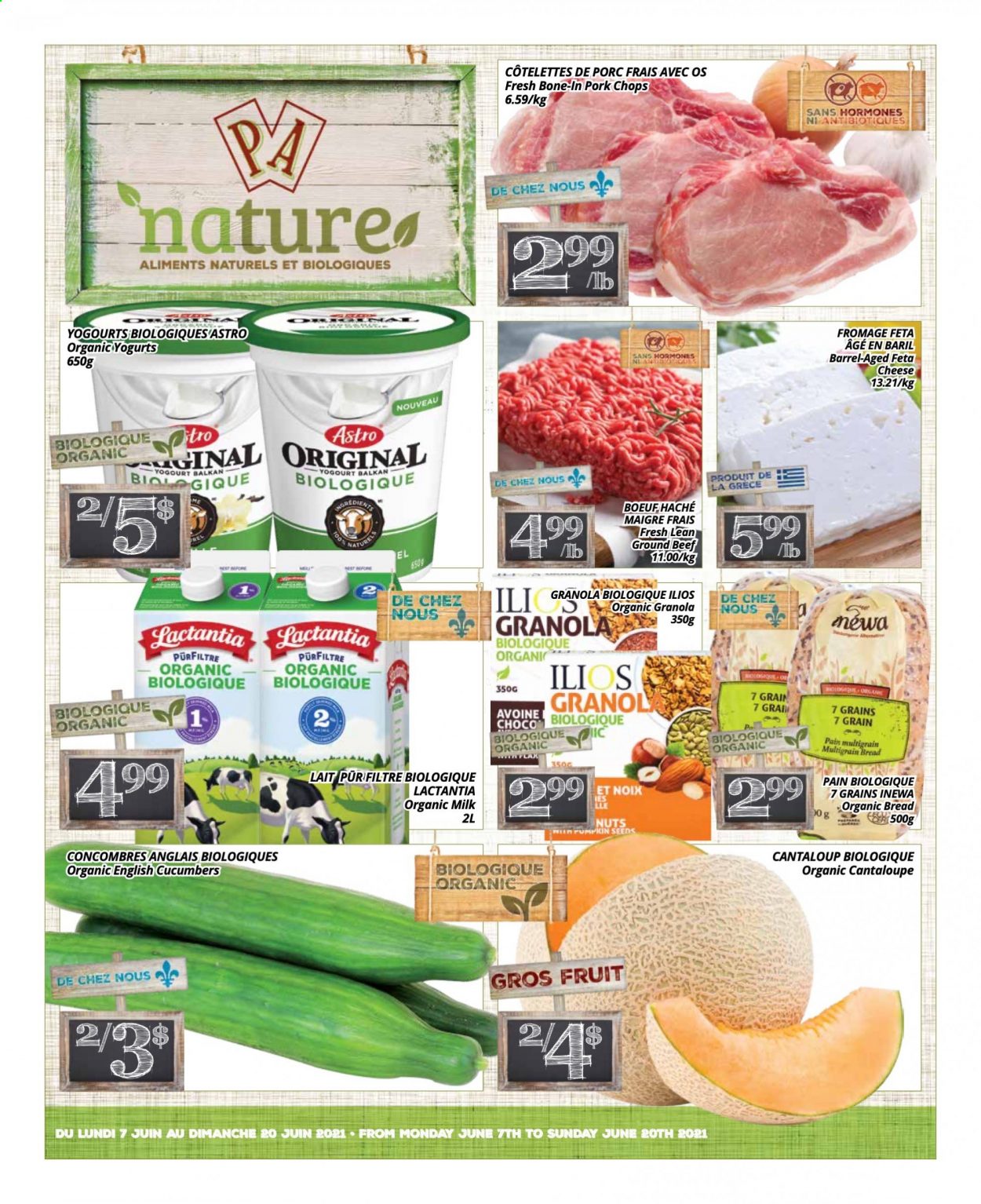 thumbnail - PA Nature Flyer - June 07, 2021 - June 20, 2021 - Sales products - bread, multigrain bread, cantaloupe, cucumber, cheese, feta, organic milk, beef meat, ground beef, pork chops, pork meat, granola. Page 1.