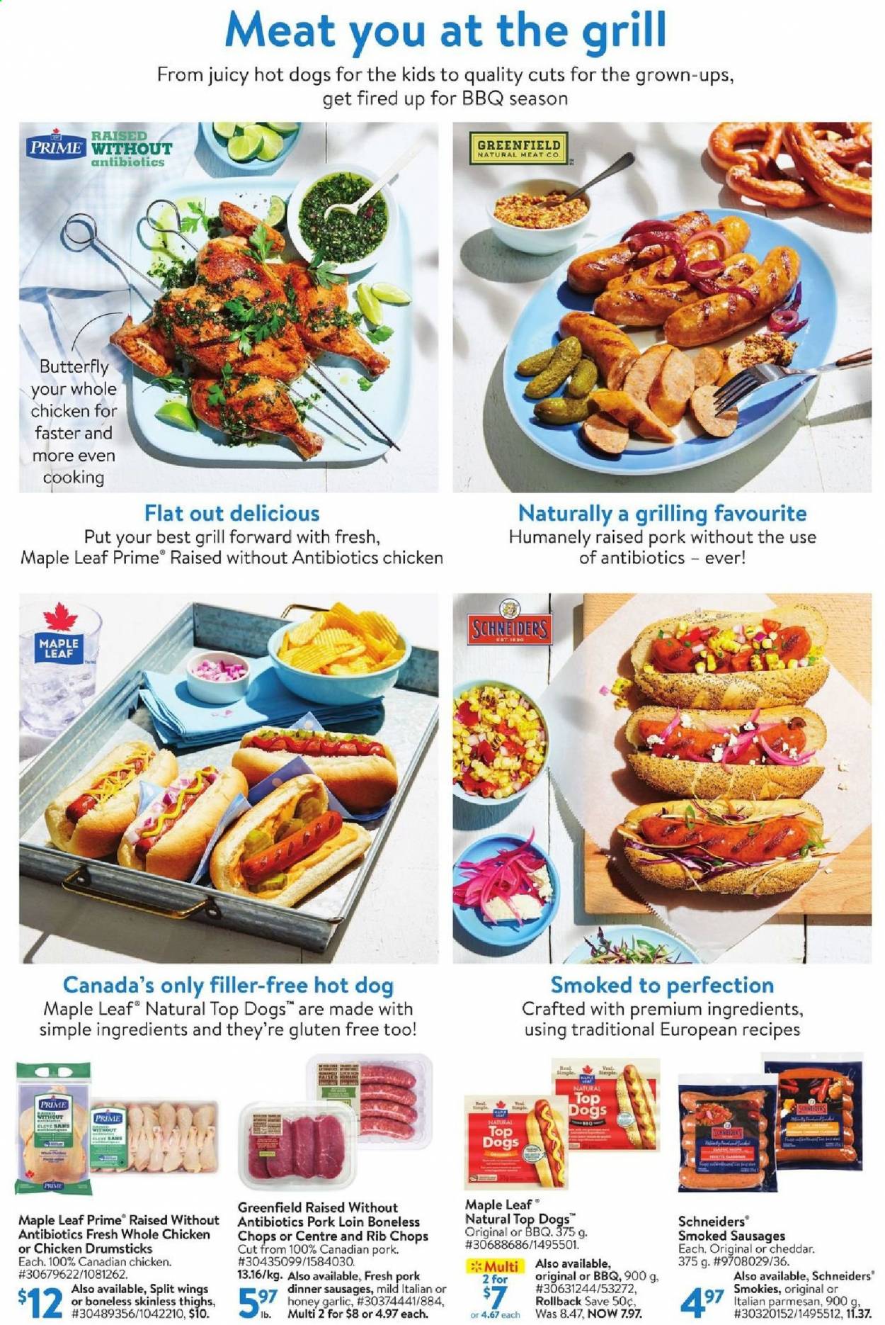 thumbnail - Walmart Flyer - June 03, 2021 - June 30, 2021 - Sales products - garlic, hot dog, sausage, parmesan, cheese, whole chicken, chicken drumsticks, chicken, pork loin, pork meat, rib chops, grill. Page 2.