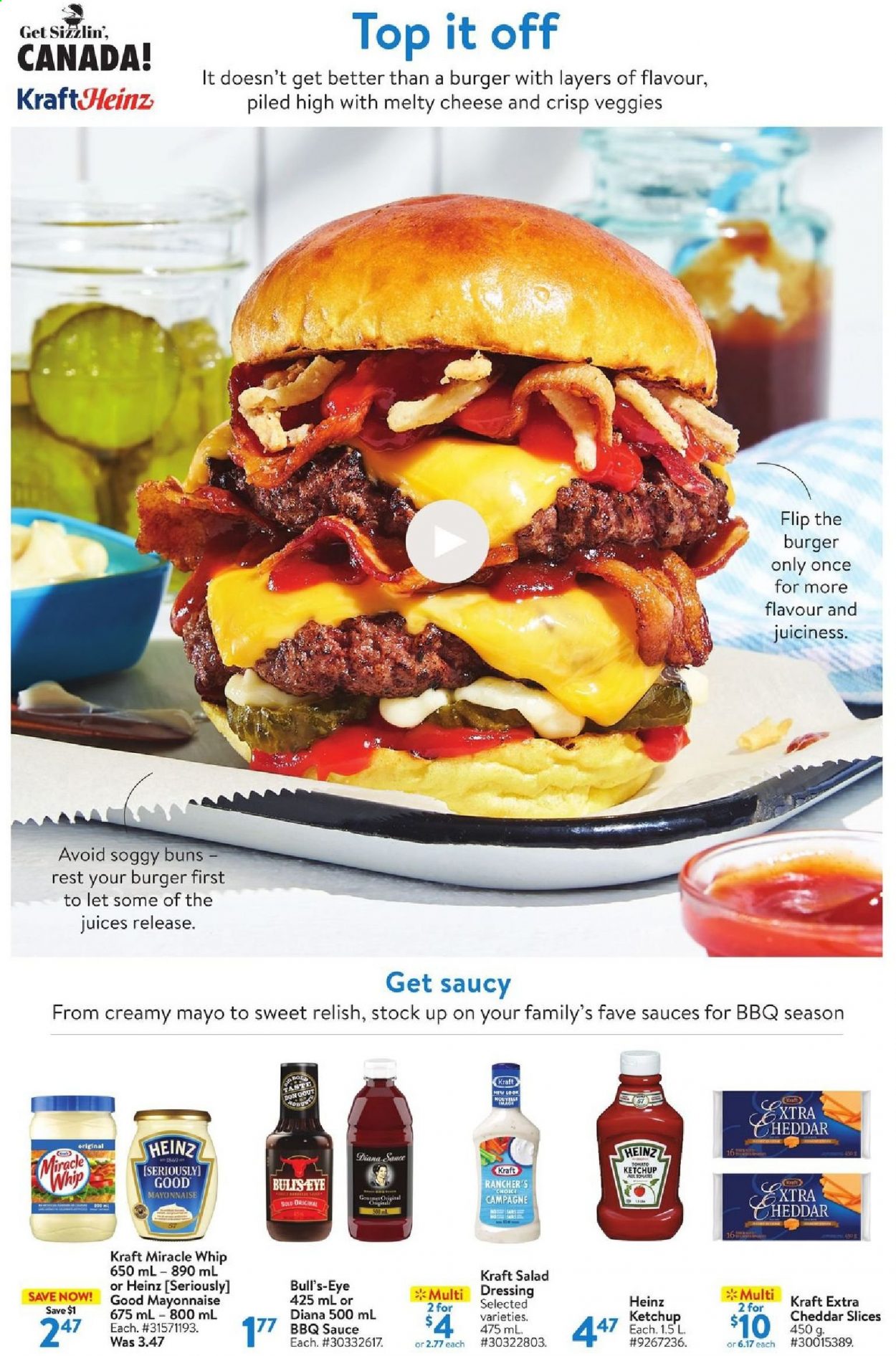 thumbnail - Walmart Flyer - June 03, 2021 - June 30, 2021 - Sales products - buns, salad, Kraft®, cheddar, mayonnaise, Miracle Whip, Heinz, BBQ sauce, dressing, juice. Page 4.