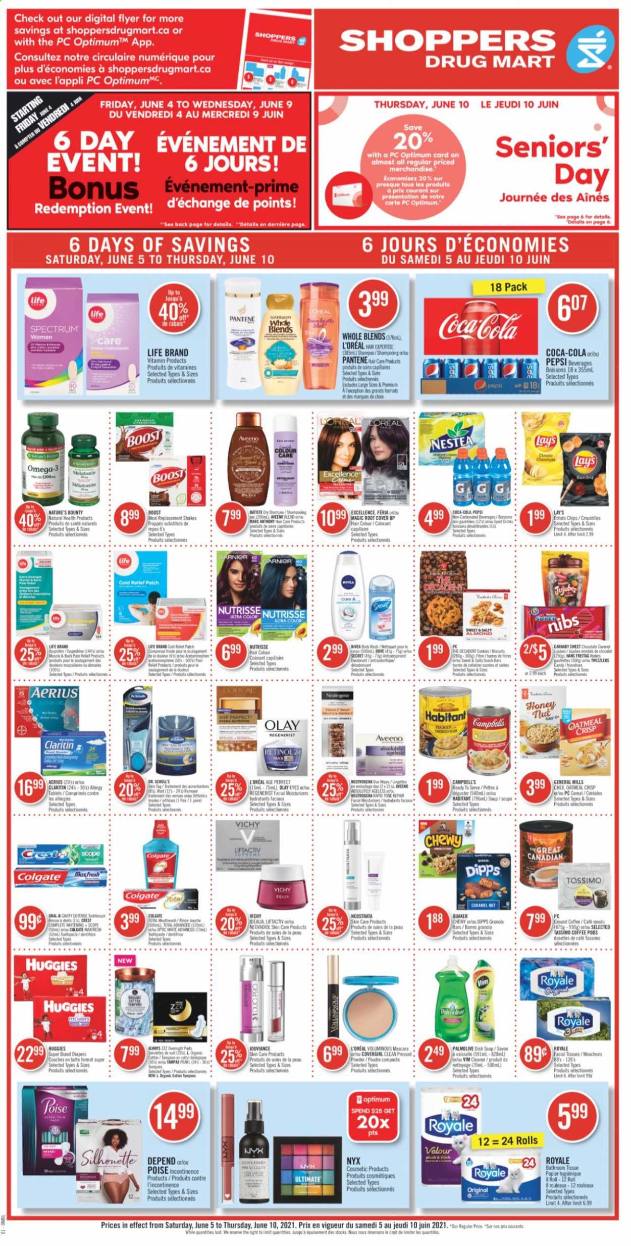 thumbnail - Shoppers Drug Mart Flyer - June 05, 2021 - June 10, 2021 - Sales products - wafers, snack, biscuit, snack bar, potato chips, Lay’s, oatmeal, oats, soup, cereals, granola bar, Quaker, Campbell's, caramel, Coca-Cola, Pepsi, Boost, coffee pods, ground coffee, wipes, nappies, Aveeno, bath tissue, cleaner, body wash, Vichy, Palmolive, soap, toothbrush, toothpaste, mouthwash, Crest, sanitary pads, tampons, facial tissues, L’Oréal, moisturizer, Olay, NYX Cosmetics, hair color, anti-perspirant, face powder, pain relief, Nature's Bounty, Ibuprofen, Omega-3, Spectrum, Dr. Scholl's, mascara, Neutrogena, shampoo, Tampax, Huggies, Pantene, Nivea, chips, deodorant. Page 1.
