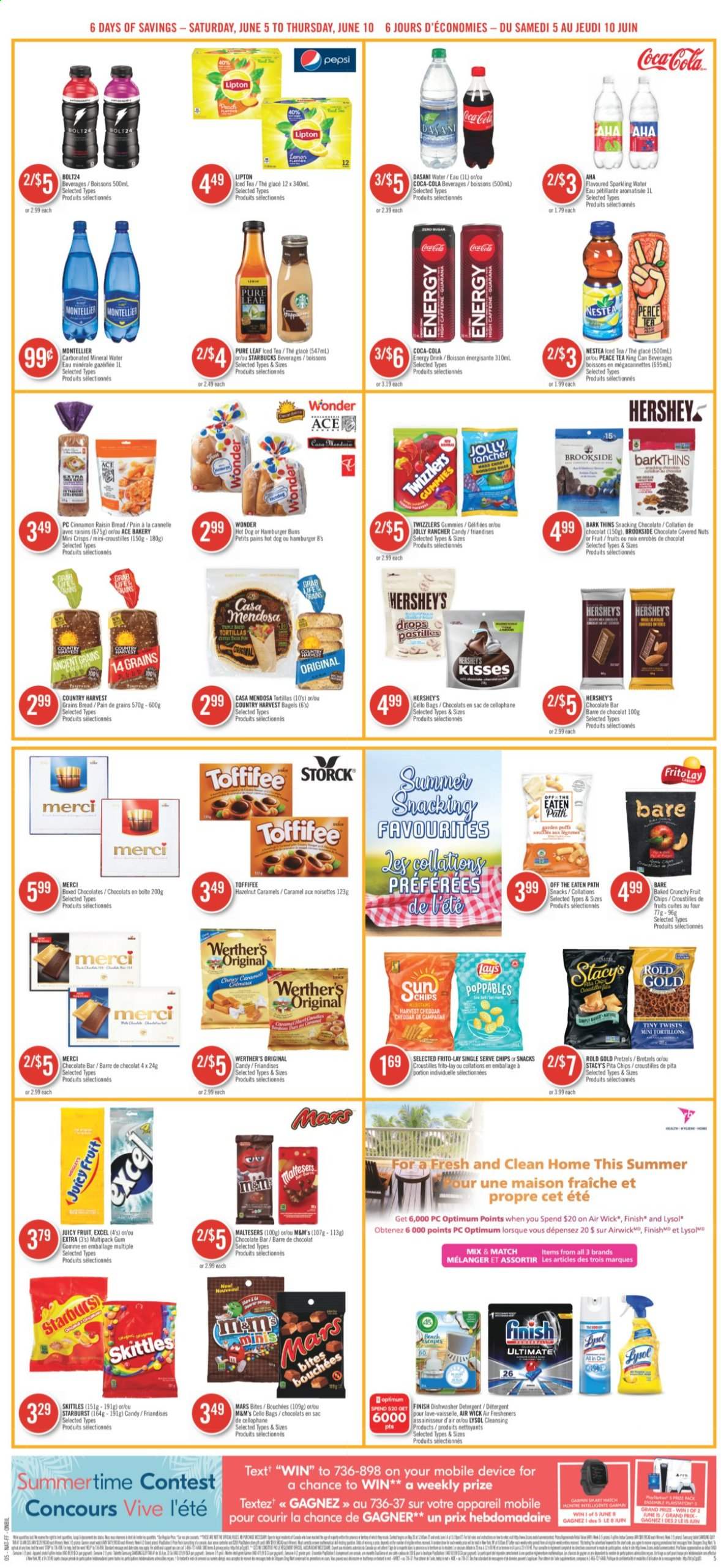 thumbnail - Shoppers Drug Mart Flyer - June 05, 2021 - June 10, 2021 - Sales products - pretzels, Mars, Hershey's, Maltesers, Merci, pastilles, Skittles, Starburst, chocolate bar, tortillas, Lay’s, Thins, Frito-Lay, ACE Bakery, pita chips, caramel, dried fruit, Coca-Cola, Pepsi, energy drink, ice tea, mineral water, sparkling water, Pure Leaf, Starbucks, Lysol, raisins, chips, M&M's. Page 11.