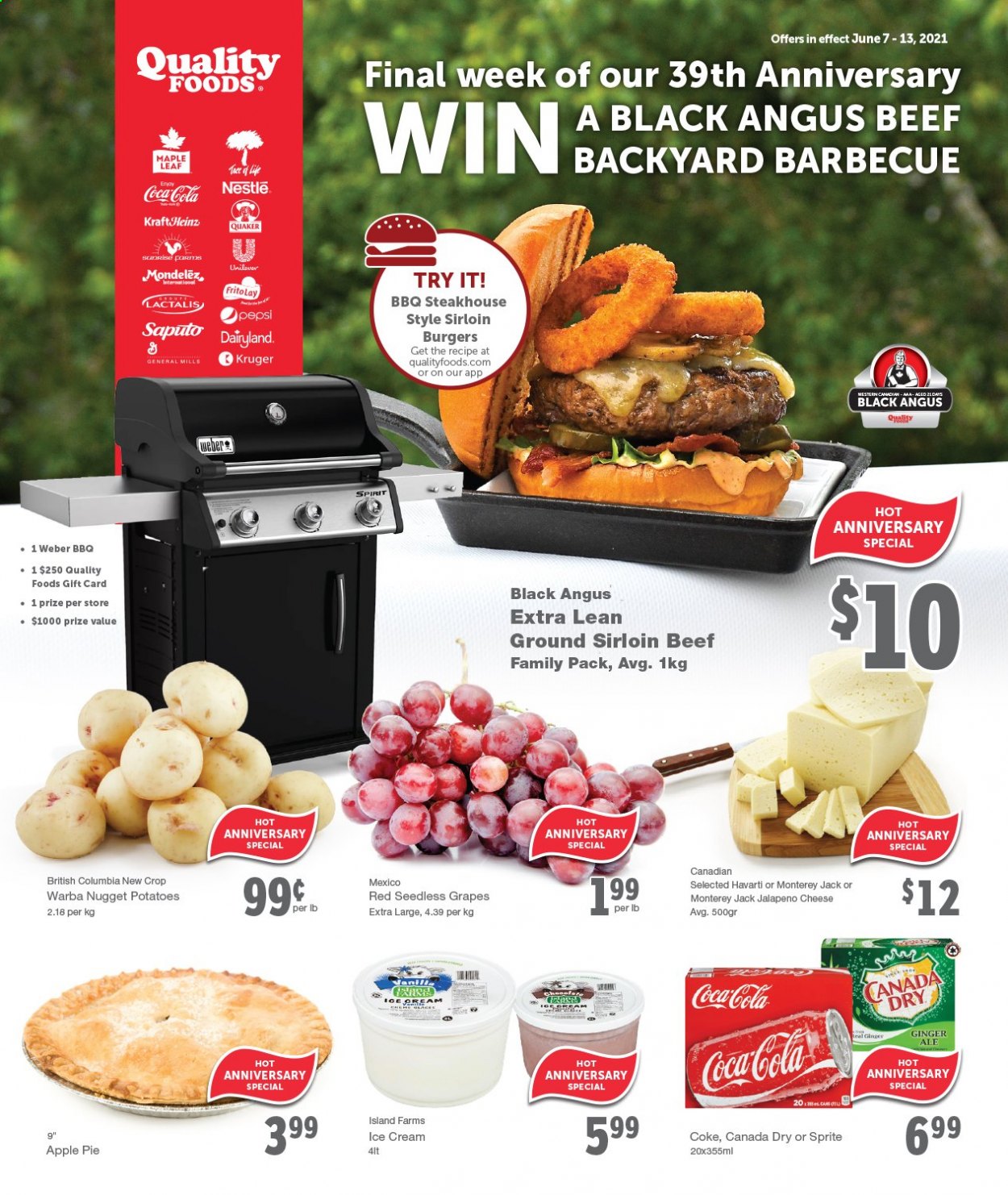 thumbnail - Quality Foods Flyer - June 07, 2021 - June 13, 2021 - Sales products - apple pie, potatoes, jalapeño, grapes, seedless grapes, hamburger, Quaker, Monterey Jack cheese, Havarti, cheese, ice cream, Frito-Lay, Canada Dry, Coca-Cola, ginger ale, Sprite, Pepsi, beef meat, Nestlé. Page 1.
