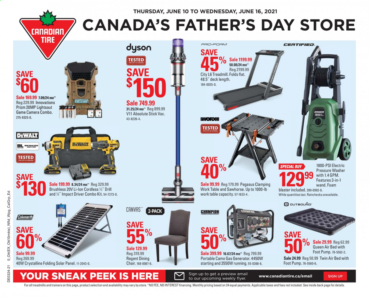 thumbnail - Canadian Tire Flyer - June 10, 2021 - June 16, 2021 - Sales products - chair pad, table, chair, dining chair, bed, trainers, treadmill, drill, impact driver, combo kit, electric pressure washer, gas generator, pressure washer, generator, pump. Page 1.