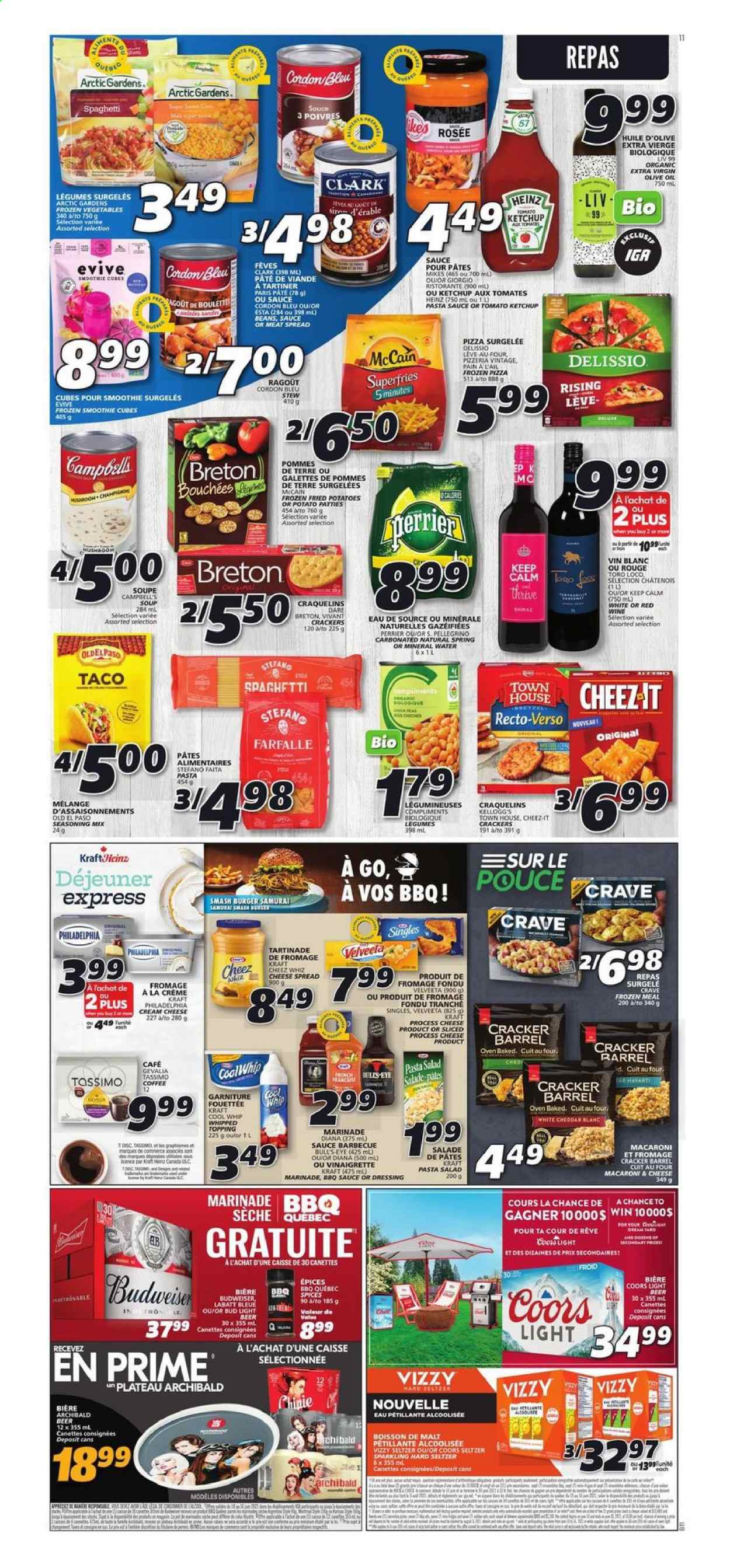 thumbnail - IGA Flyer - June 10, 2021 - June 16, 2021 - Sales products - Old El Paso, potatoes, salad, Campbell's, macaroni & cheese, spaghetti, pizza, pasta sauce, soup, hamburger, Kraft®, cheese spread, pasta salad, cream cheese, Cool Whip, frozen vegetables, frozen smoothie, McCain, potato fries, crackers, Kellogg's, Cheez-It, topping, malt, Heinz, spice, vinaigrette dressing, dressing, marinade, extra virgin olive oil, olive oil, oil, Perrier, smoothie, mineral water, San Pellegrino, coffee, Gevalia, Hard Seltzer, beer, Budweiser, Coors, Bud Light, cordon bleu. Page 9.