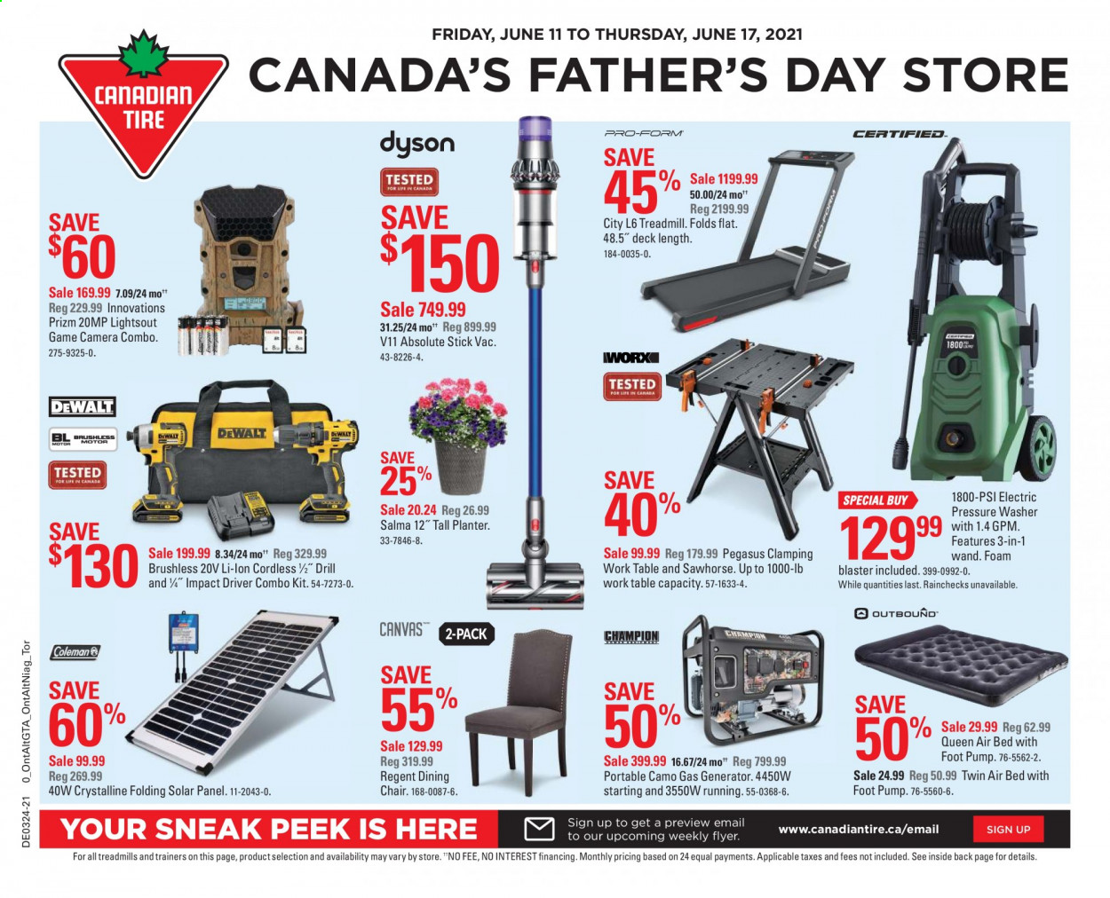 thumbnail - Canadian Tire Flyer - June 11, 2021 - June 17, 2021 - Sales products - chair pad, table, chair, dining chair, bed, trainers, treadmill, drill, impact driver, combo kit, electric pressure washer, gas generator, pressure washer, generator, pump. Page 1.