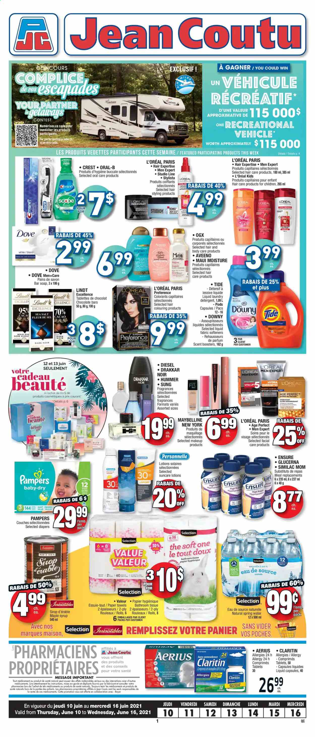 thumbnail - Jean Coutu Flyer - June 10, 2021 - June 16, 2021 - Sales products - chocolate bar, sea salt, maple syrup, syrup, spring water, nappies, Aveeno, bath tissue, kitchen towels, paper towels, Tide, laundry detergent, scent booster, soap bar, soap, Crest, L’Oréal, L’Oréal Men, OGX, Maui Moisture, makeup, vehicle, Glucerna, Bayer, Maybelline, Pampers, Oral-B. Page 1.