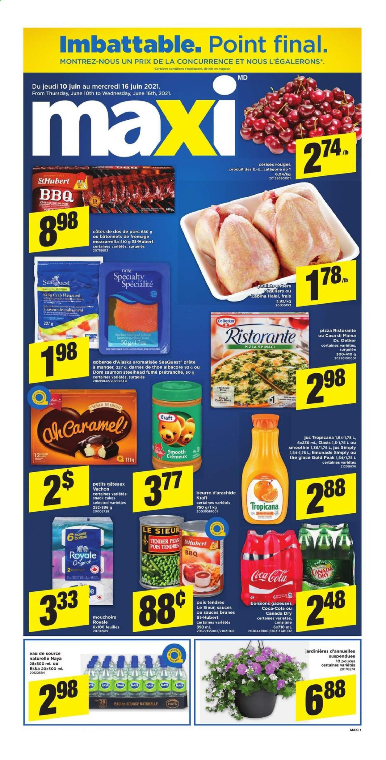thumbnail - Maxi Flyer - June 10, 2021 - June 16, 2021 - Sales products - cake, peas, king crab, crab, pizza, Kraft®, Dr. Oetker, snack, caramel, Canada Dry, Coca-Cola, smoothie. Page 1.