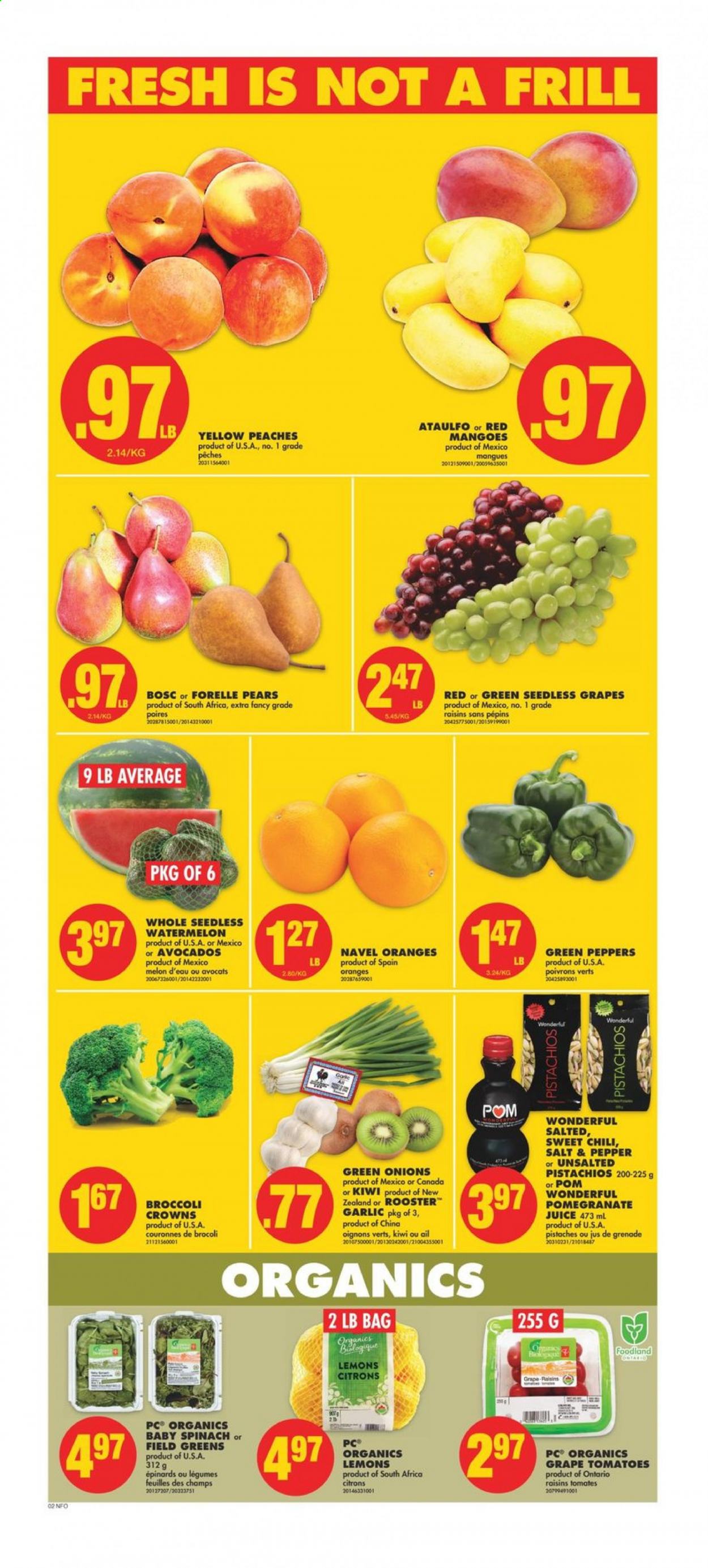 thumbnail - No Frills Flyer - June 10, 2021 - June 16, 2021 - Sales products - garlic, tomatoes, peppers, green onion, avocado, mango, seedless grapes, watermelon, pears, melons, pomegranate, lemons, peaches, navel oranges, dried fruit, pistachios, juice, kiwi, raisins. Page 3.