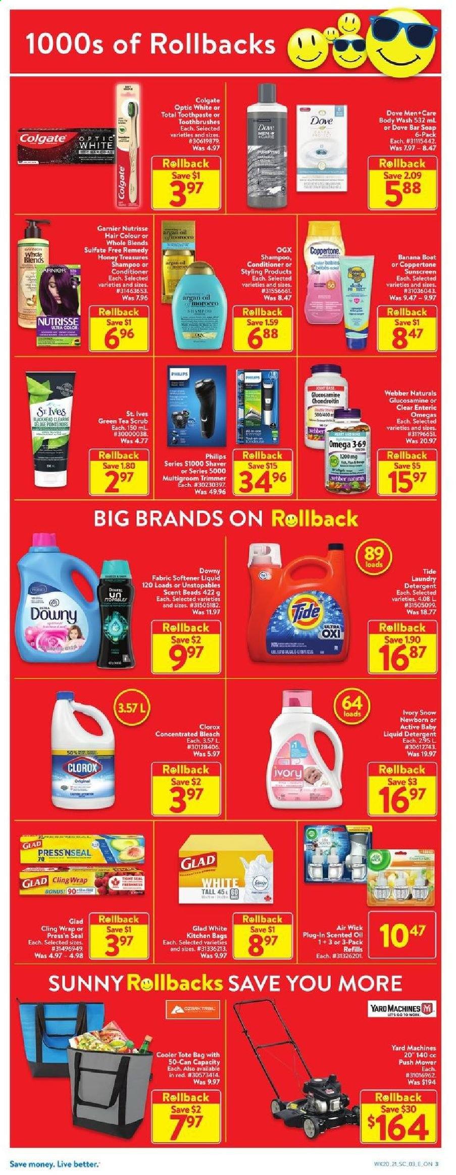 thumbnail - Walmart Flyer - June 10, 2021 - June 16, 2021 - Sales products - honey, green tea, tea, bleach, Clorox, Tide, Unstopables, fabric softener, liquid detergent, laundry detergent, Downy Laundry, body wash, soap bar, soap, toothpaste, OGX, conditioner, hair color, Yard, shaver, bag, trimmer, Air Wick, scented oil, tote, tote bag, boat, glucosamine, Omega-3, argan oil, Garnier, shampoo. Page 3.