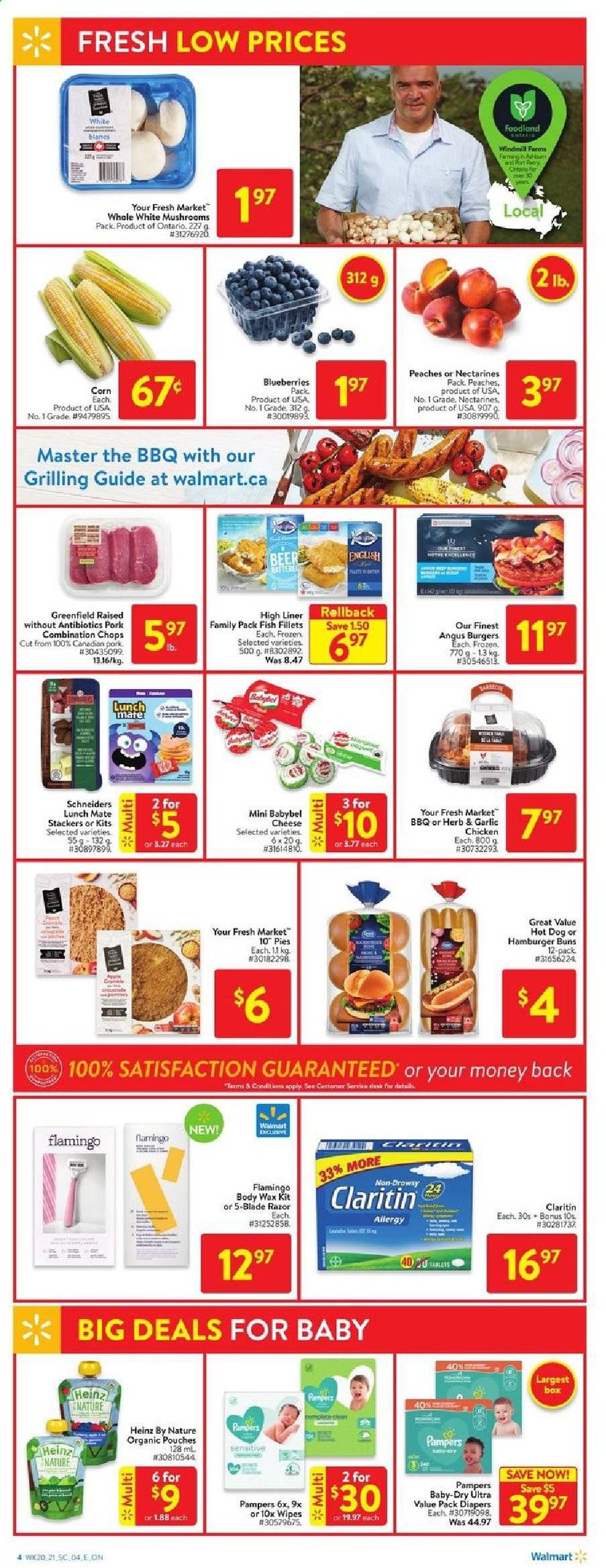 thumbnail - Walmart Flyer - June 10, 2021 - June 16, 2021 - Sales products - mushrooms, Apple, buns, burger buns, corn, blueberries, nectarines, peaches, fish fillets, fish, hot dog, cheese, Babybel, Heinz, beer, wipes, nappies, razor, Pampers. Page 4.
