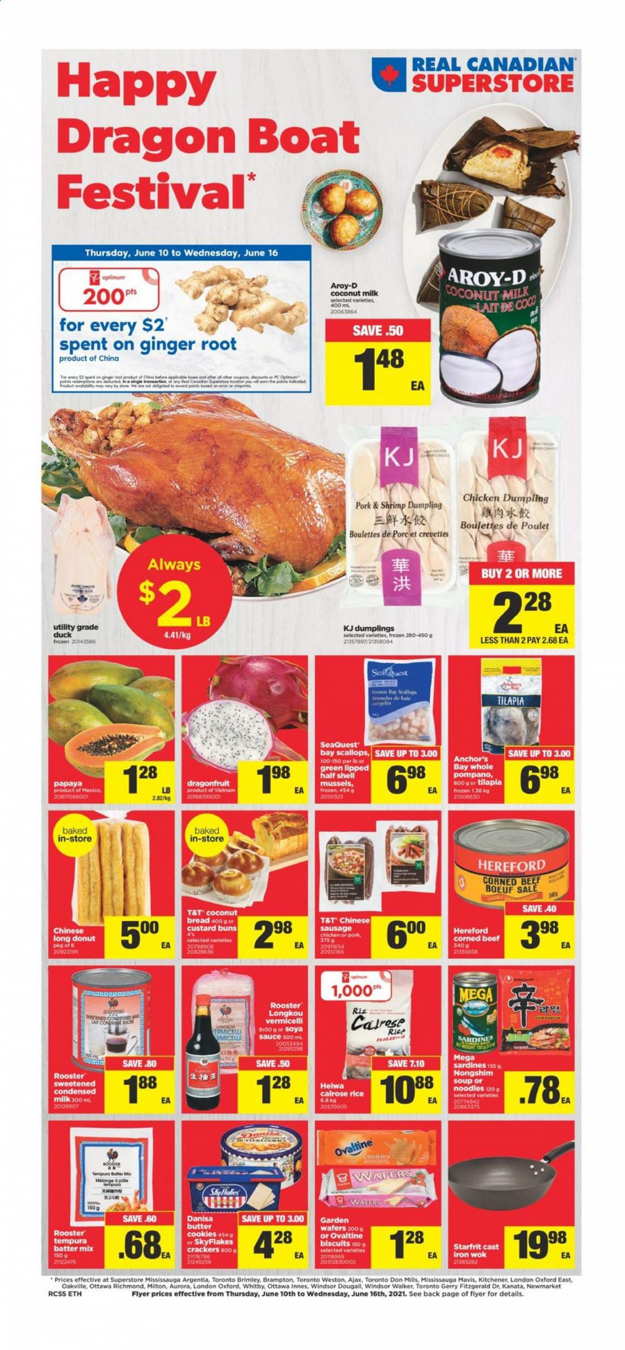 thumbnail - Real Canadian Superstore Flyer - June 10, 2021 - June 16, 2021 - Sales products - bread, buns, donut, ginger, mussels, sardines, scallops, tilapia, pompano, shrimps, soup, sauce, dumplings, noodles, sausage, corned beef, condensed milk, Anchor, cookies, wafers, butter cookies, crackers, biscuit, Skyflakes, coconut milk, rice, soy sauce, beef meat, Ajax, wok, Optimum. Page 1.