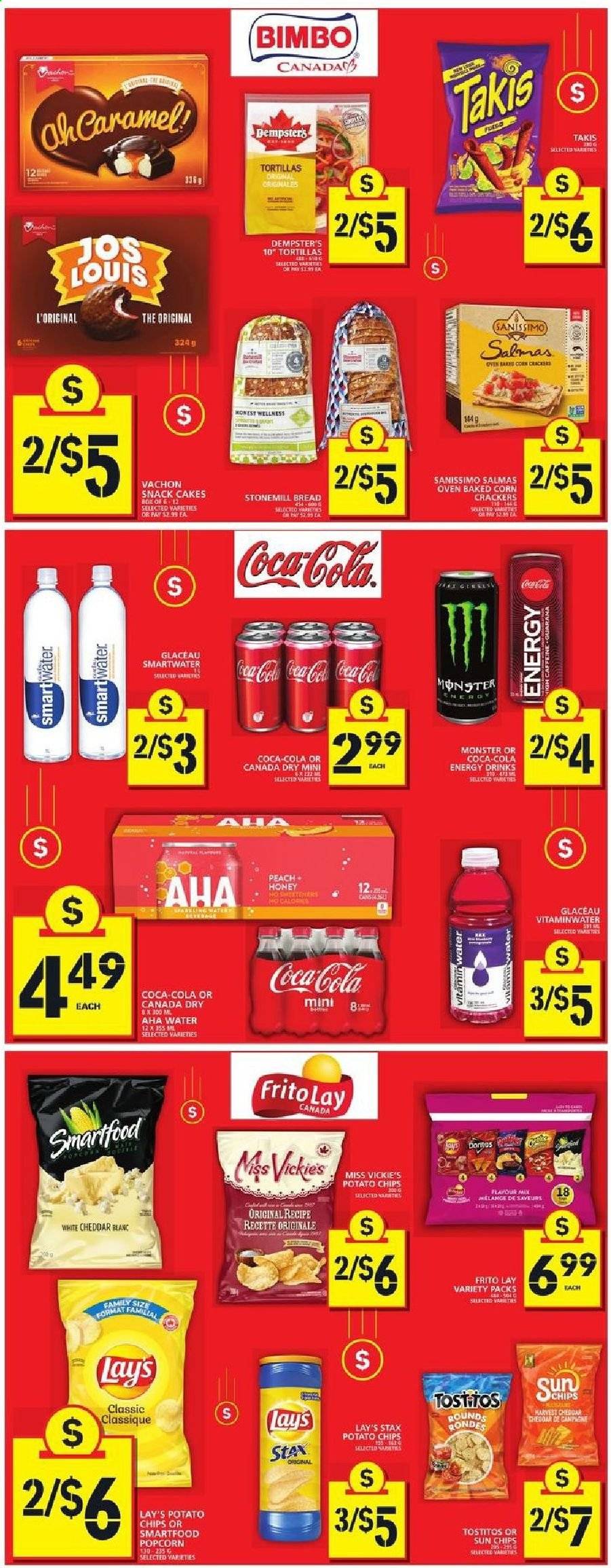 thumbnail - Food Basics Flyer - June 10, 2021 - June 16, 2021 - Sales products - bread, tortillas, cake, corn, cheese, snack, crackers, potato chips, Lay’s, Smartfood, popcorn, Tostitos, honey, Canada Dry, Coca-Cola, energy drink, Monster, Smartwater, chips. Page 2.