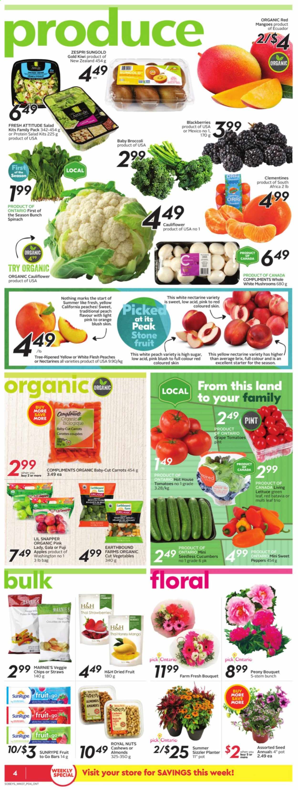 thumbnail - Sobeys Flyer - June 10, 2021 - June 16, 2021 - Sales products - mushrooms, broccoli, carrots, cucumber, sweet peppers, tomatoes, salad, peppers, apples, blackberries, clementines, Gala, nectarines, strawberries, Fuji apple, peaches, Pink Lady, sugar, honey, almonds, cashews, dried fruit, kiwi, chips. Page 4.
