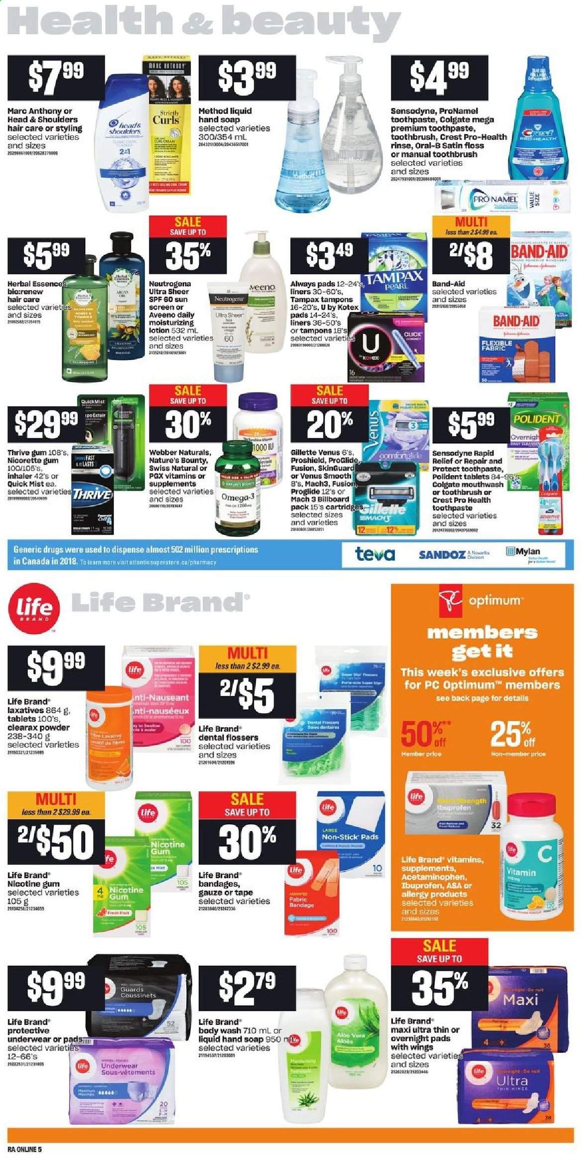 thumbnail - Atlantic Superstore Flyer - June 10, 2021 - June 16, 2021 - Sales products - Aveeno, cleaner, body wash, hand soap, soap, toothbrush, toothpaste, mouthwash, Polident, Crest, Always pads, sanitary pads, Kotex, Kotex pads, tampons, Herbal Essences, body lotion, Venus, Optimum, Nature's Bounty, Nicorette, nicotine therapy, Ibuprofen, Omega-3, Nicorette Gum, Gillette, Neutrogena, Tampax, Head & Shoulders, Oral-B, Sensodyne. Page 12.