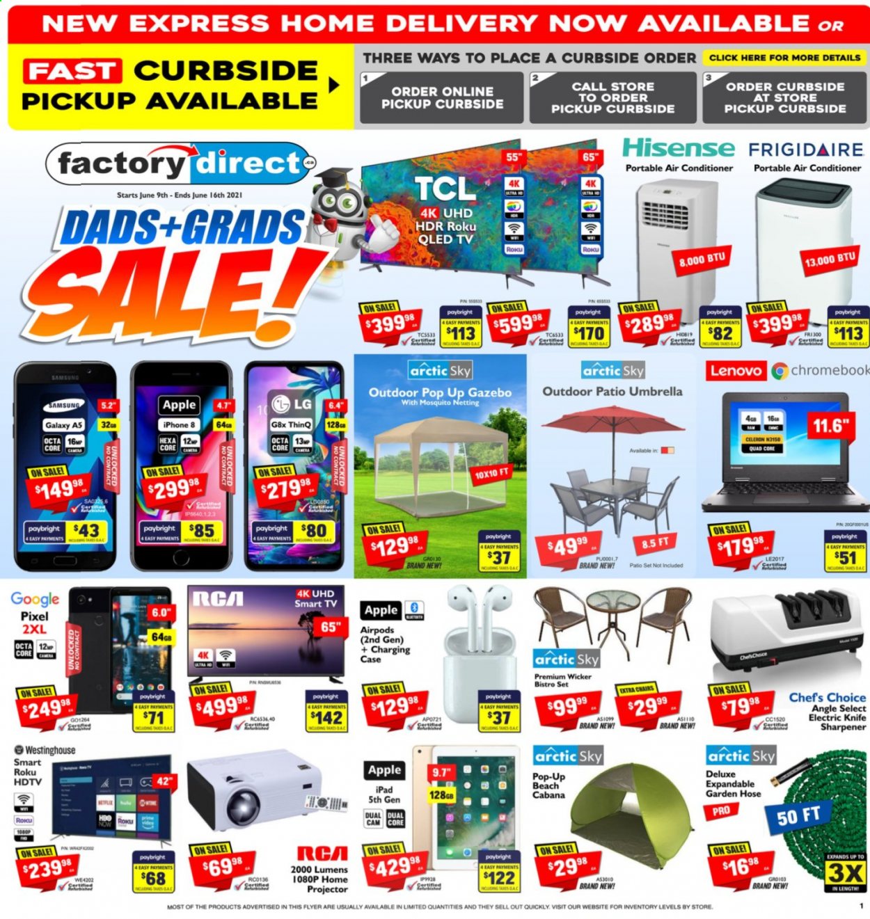 thumbnail - Factory Direct Flyer - June 09, 2021 - June 16, 2021 - Sales products - Apple, iPad, Samsung, iPhone, chromebook, RCA, UHD TV, HDTV, qled tv, TV, projector, Airpods, air conditioner, portable air conditioner, Lenovo, LG, smart tv, TCL, Hisense. Page 1.