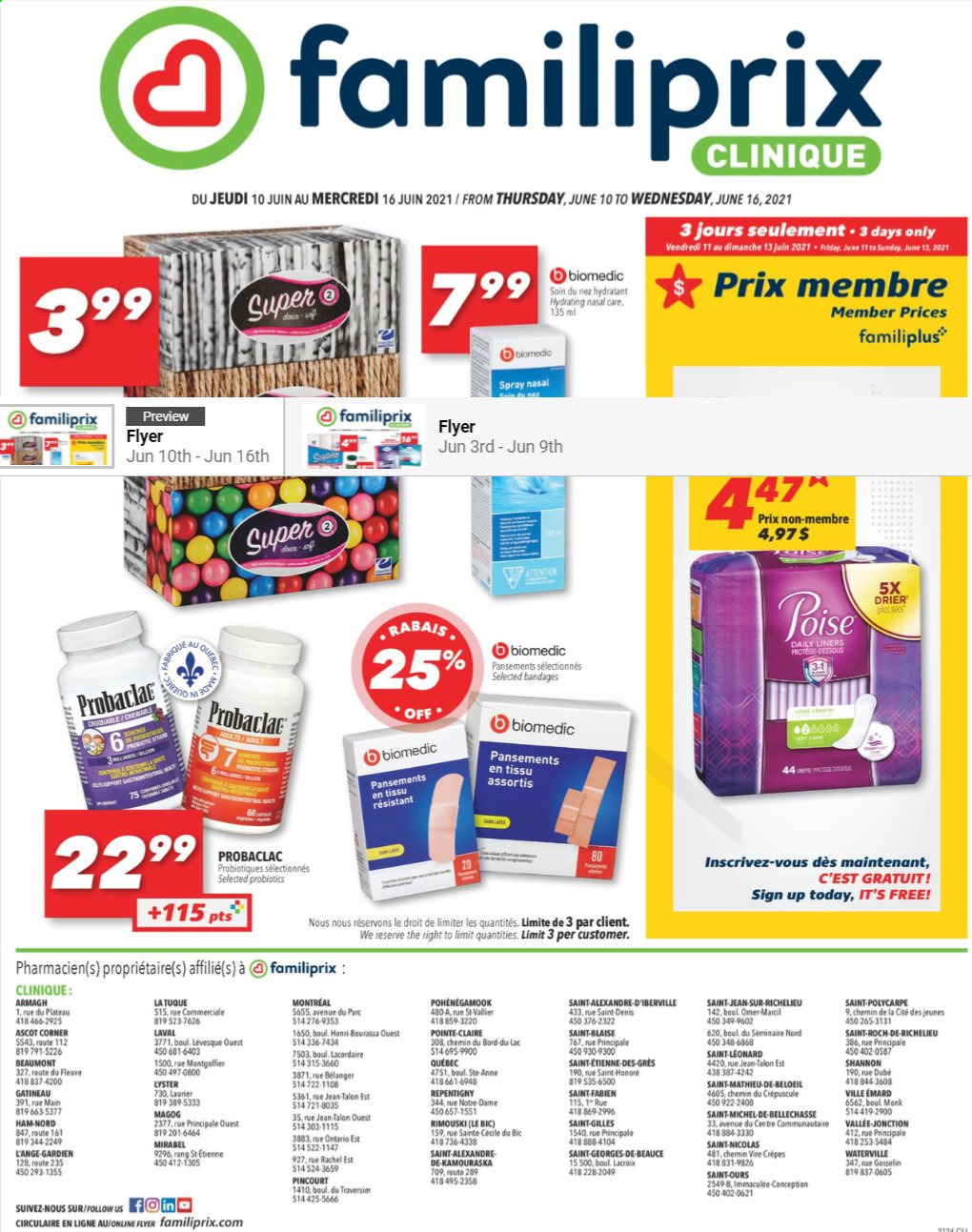 thumbnail - Familiprix Clinique Flyer - June 10, 2021 - June 16, 2021 - Sales products - Clinique, BIC, probiotics. Page 1.