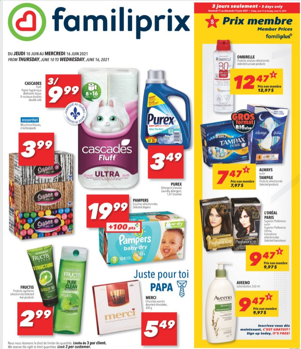 thumbnail - Familiprix Flyer - June 10, 2021 - June 16, 2021 - Sales products - chocolate, Merci, nappies, Aveeno, laundry detergent, Purex, L’Oréal, Fructis, body lotion, Tampax, Pampers. Page 1.
